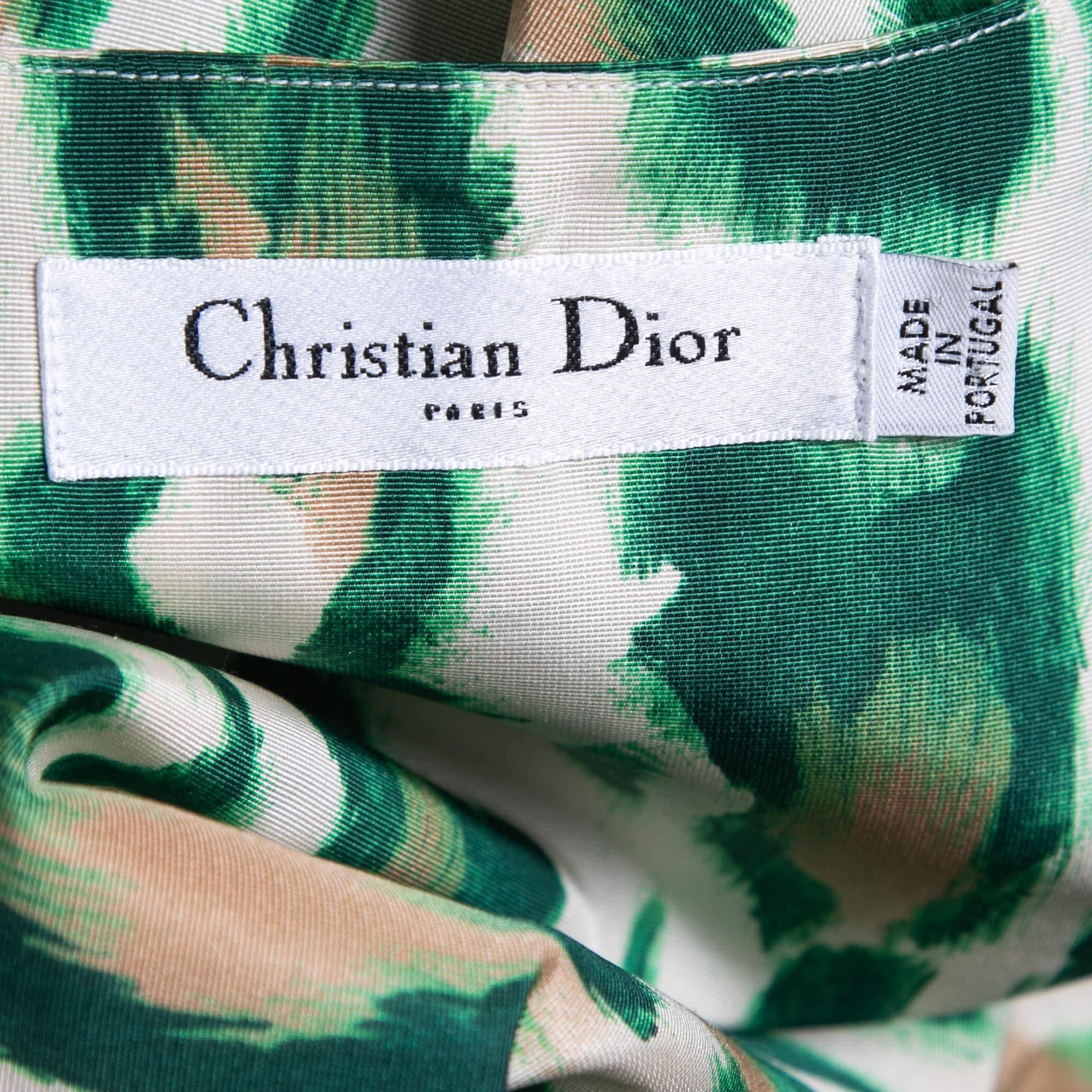 Women's Christian Dior Green Animal Print Silk Bow Detail Top M For Sale