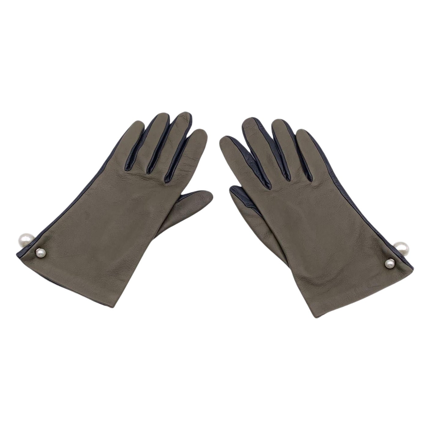 Christian Dior Green Black Leather Tribales Pearl Gloves Size 7.5