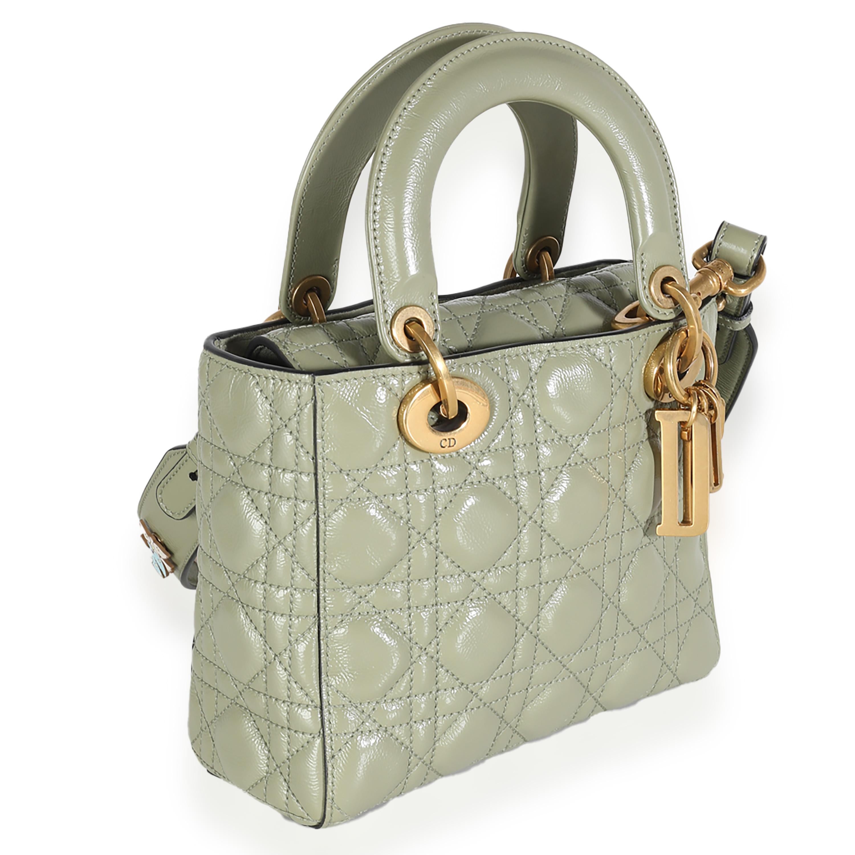 Beige Christian Dior Green Crinkled Patent Cannage Lucky Badges My Lady Dior Bag For Sale