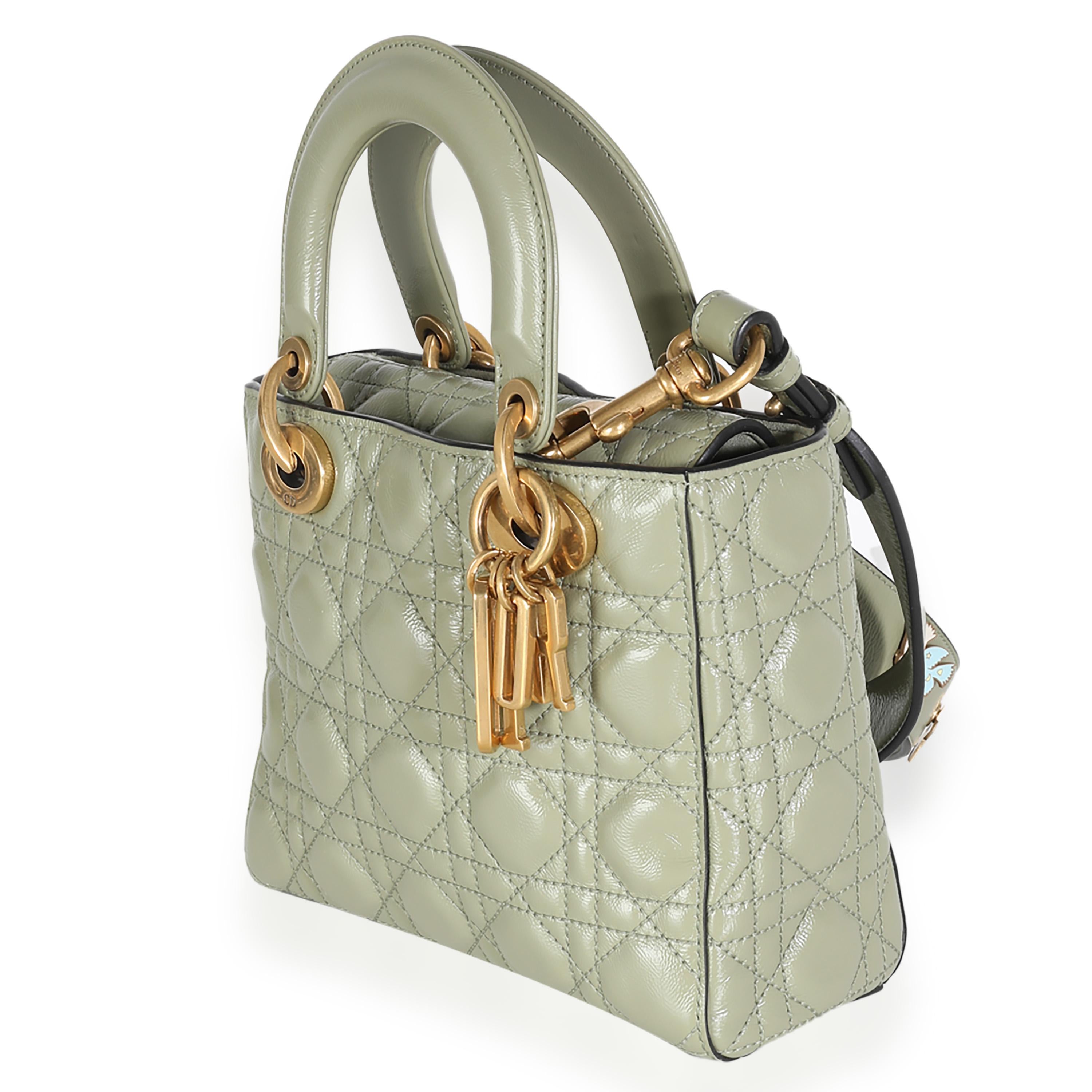 Christian Dior Green Crinkled Patent Cannage Lucky Badges My Lady Dior Bag In Excellent Condition For Sale In New York, NY