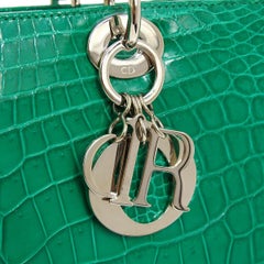 Christian Dior Green Crocodile Exotic Silver Charm Top Handle Satchel Tote Bag