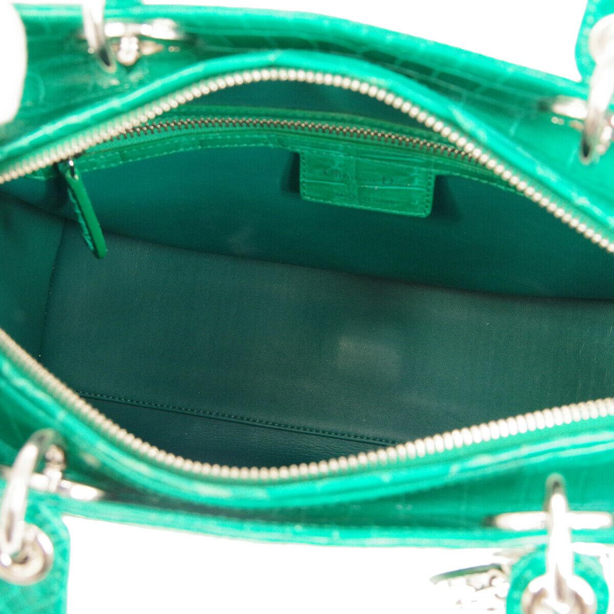 Christian Dior Green Crocodile Exotic Silver Charm Top Handle Satchel Tote Bag In Good Condition In Chicago, IL