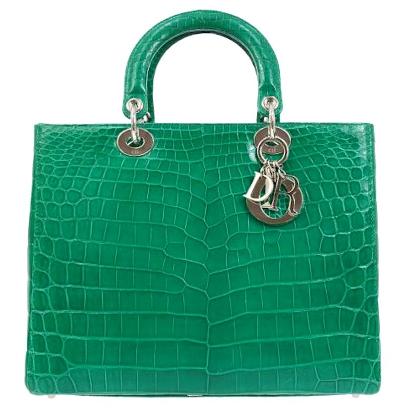 Christian Dior Green Crocodile Exotic Silver Charm Top Handle Satchel Tote Bag