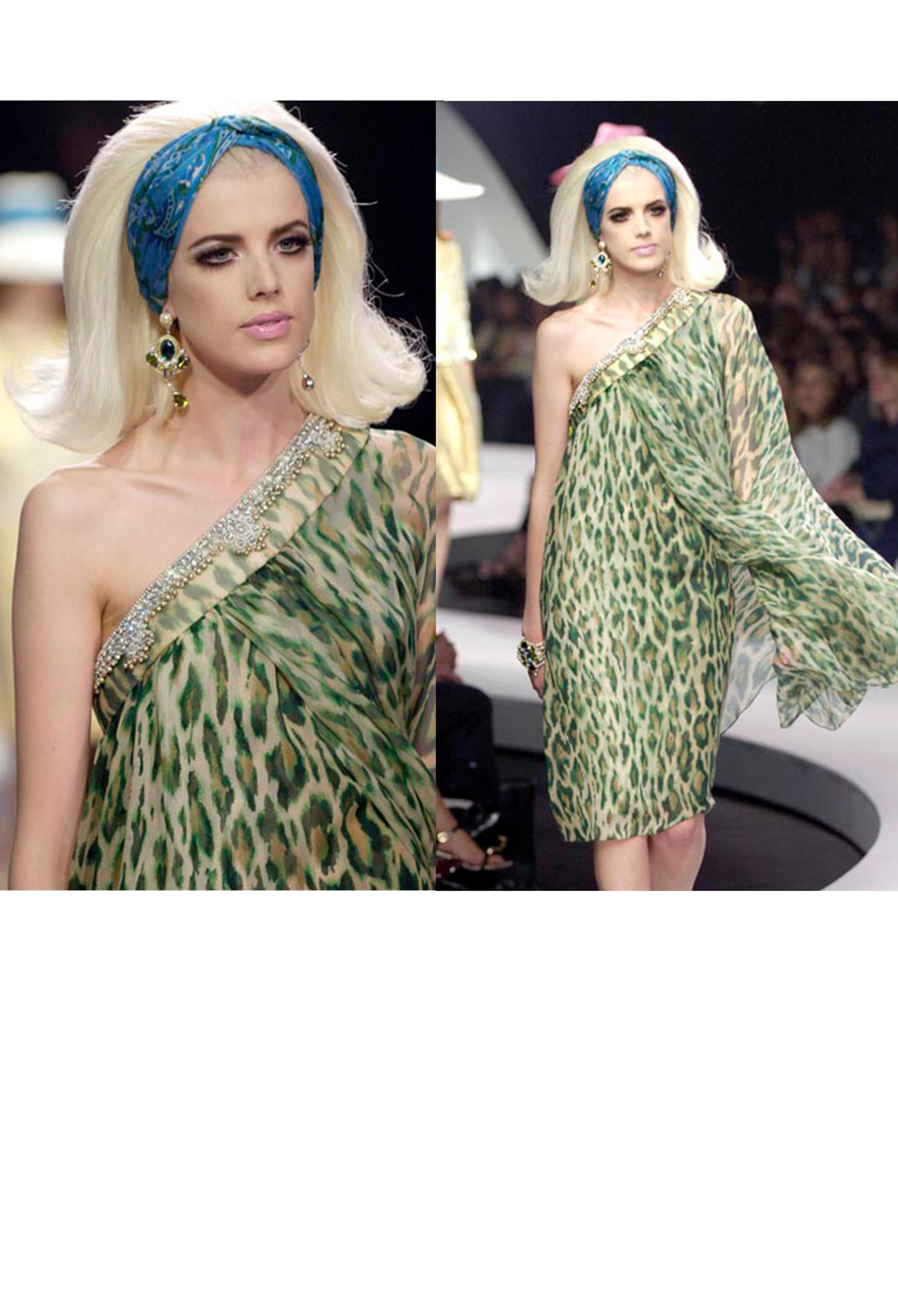 Christian Dior Green Leopard One Shoulder Sari Dress 2008 In Excellent Condition For Sale In Los Angeles, CA