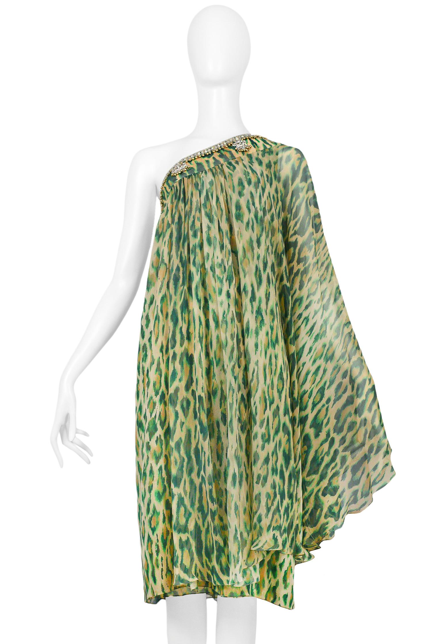 Women's Christian Dior Green Leopard One Shoulder Sari Dress 2008 For Sale