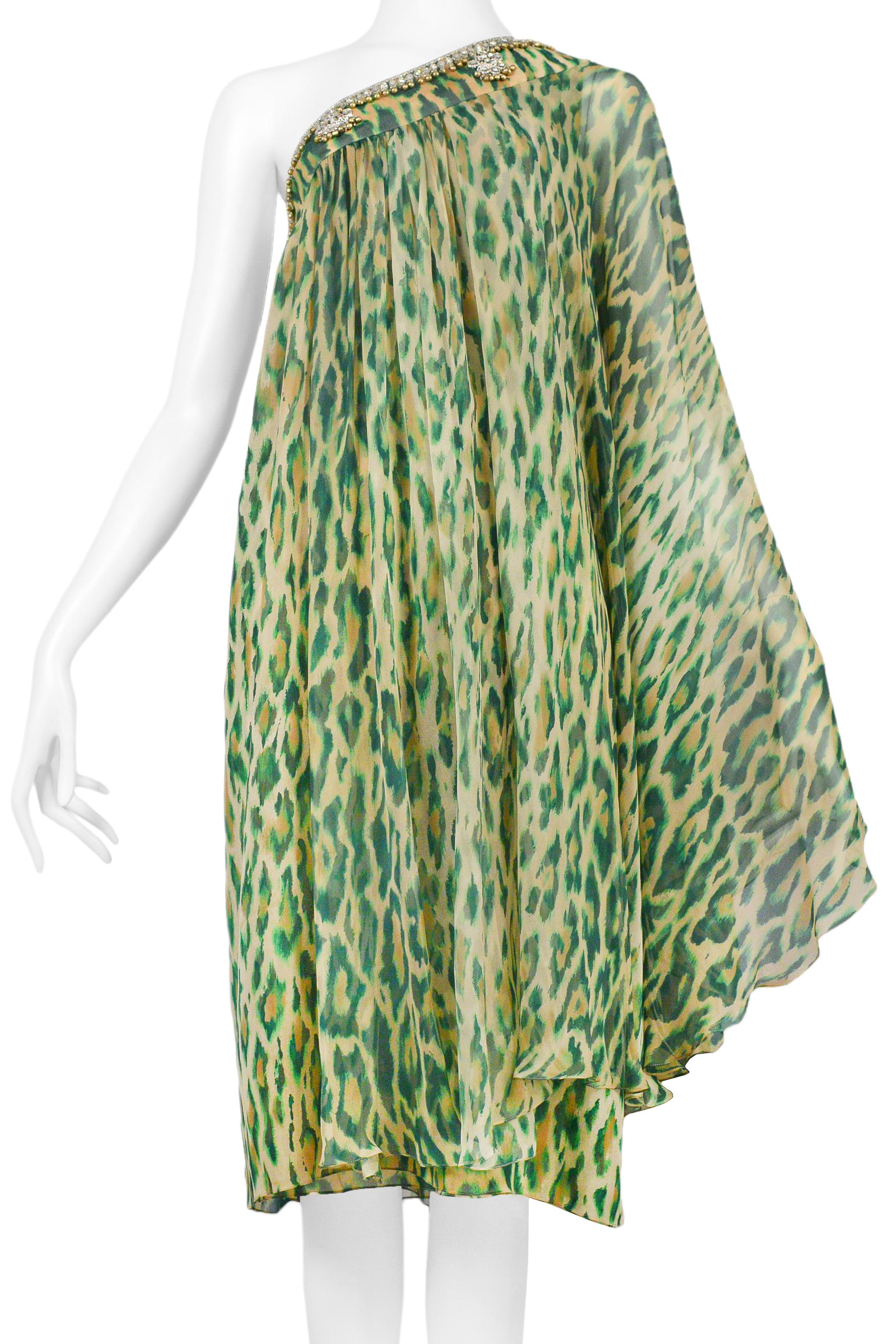 Christian Dior Green Leopard One Shoulder Sari Dress 2008 For Sale 1