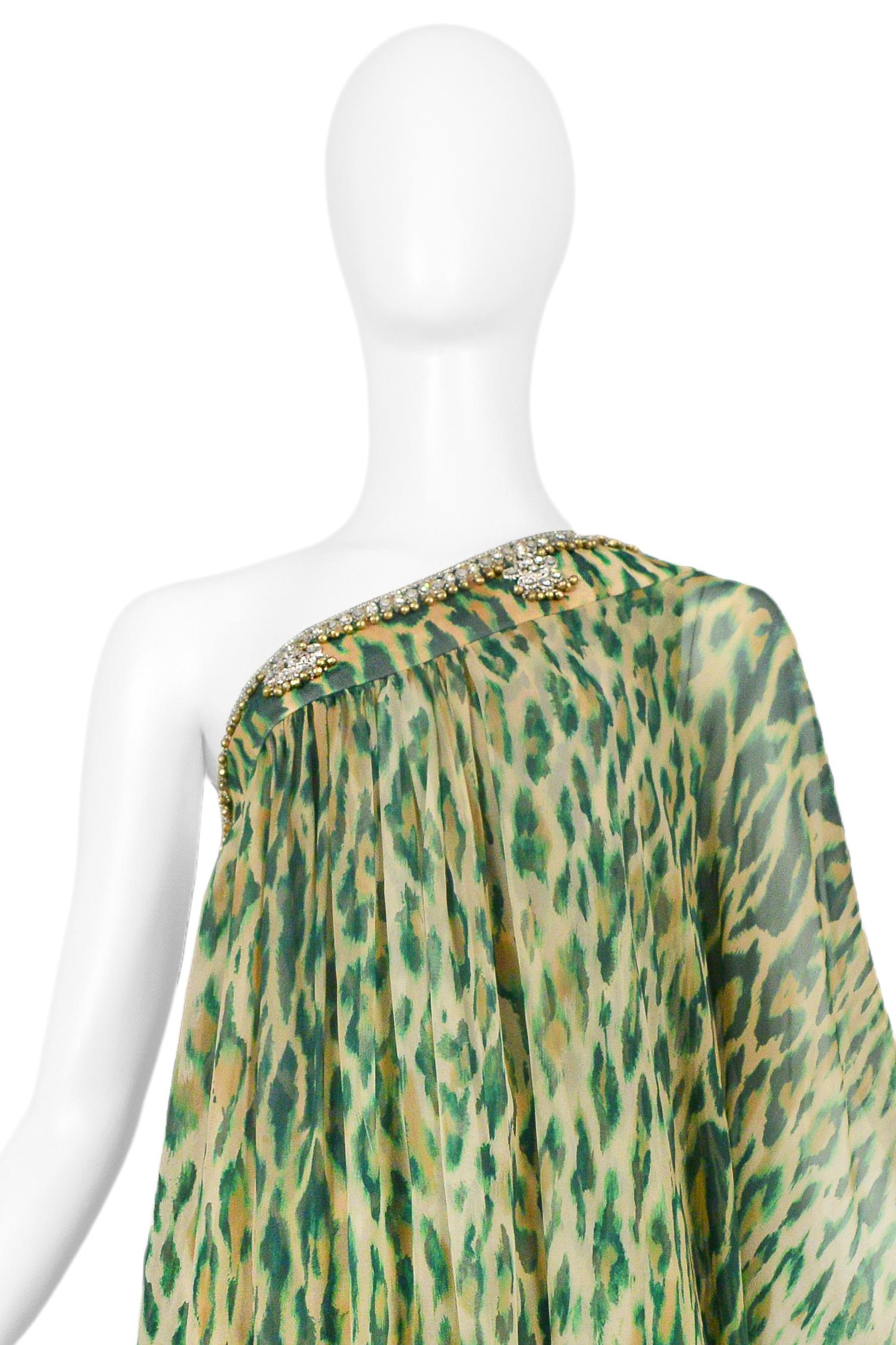 Christian Dior Green Leopard One Shoulder Sari Dress 2008 For Sale 2