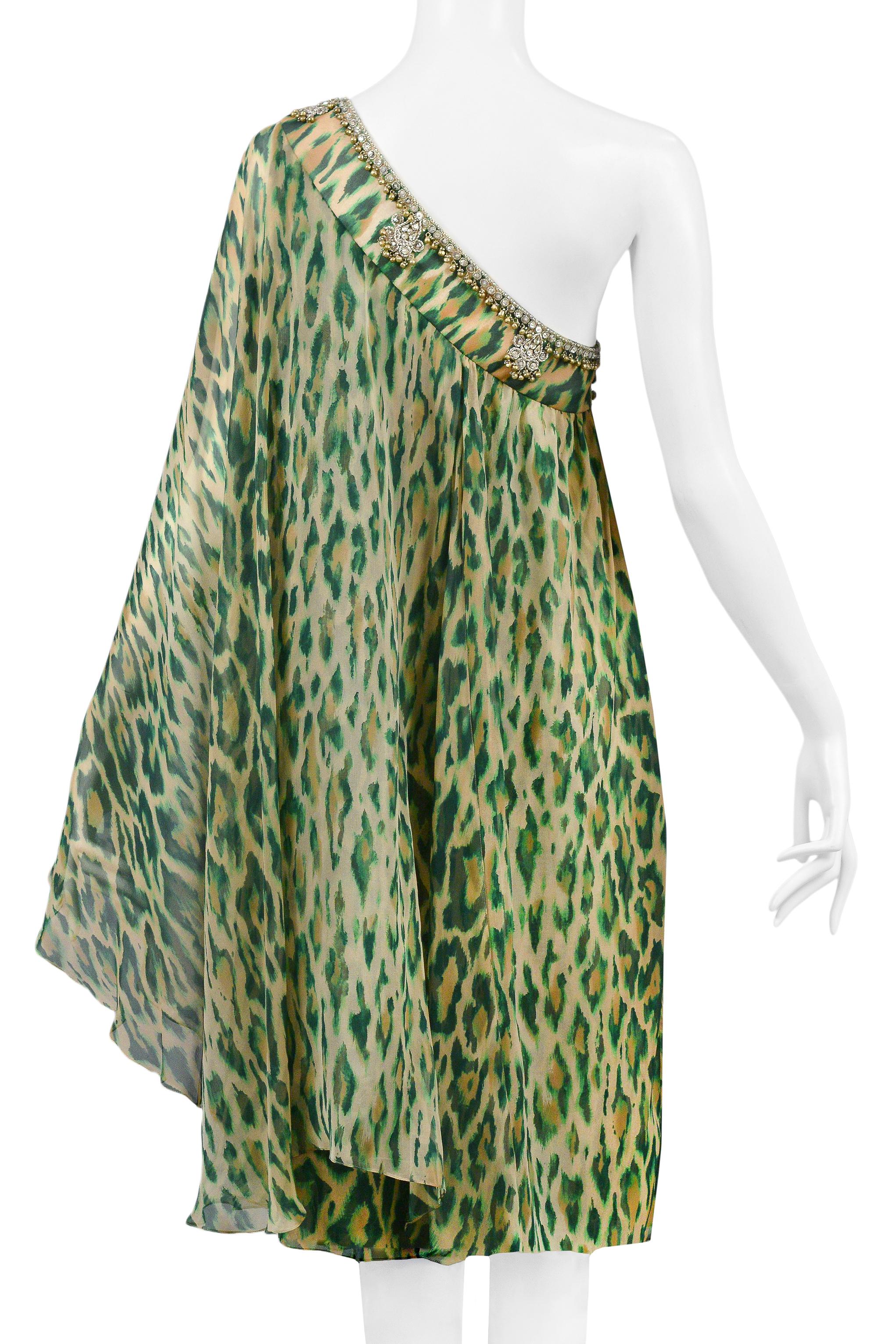 Christian Dior Green Leopard One Shoulder Sari Dress 2008 For Sale 4