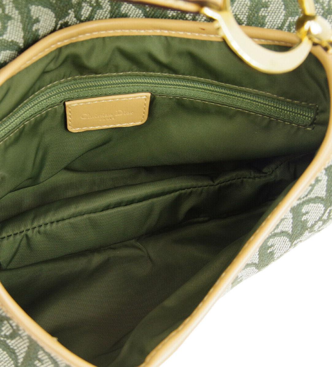 Gray Christian Dior Green Monogram Cognac Leather 'CD' Logo Charm Shoulder Bag