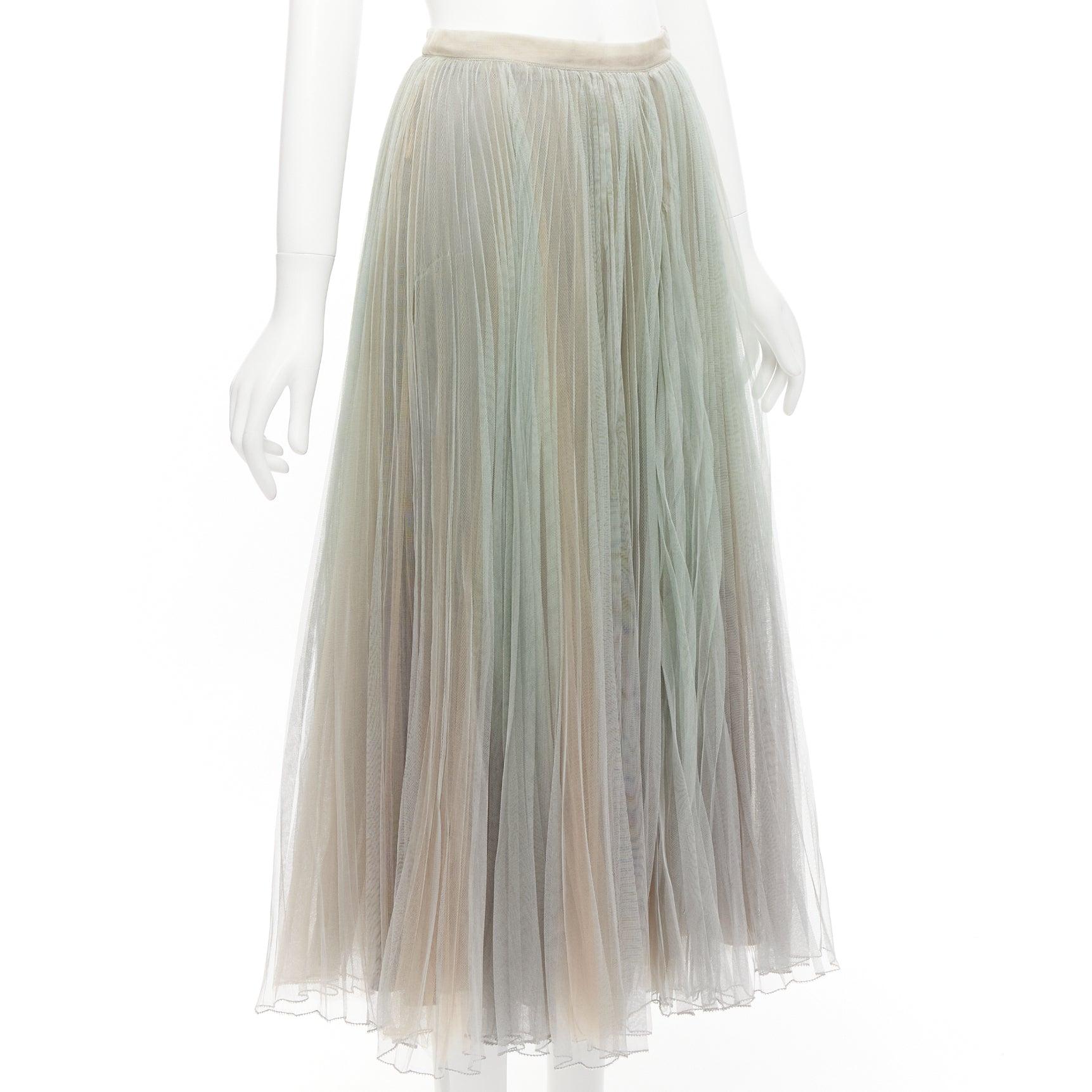 CHRISTIAN DIOR green nude pleated sheer tulle layered midi skirt FR36 S In Good Condition In Hong Kong, NT