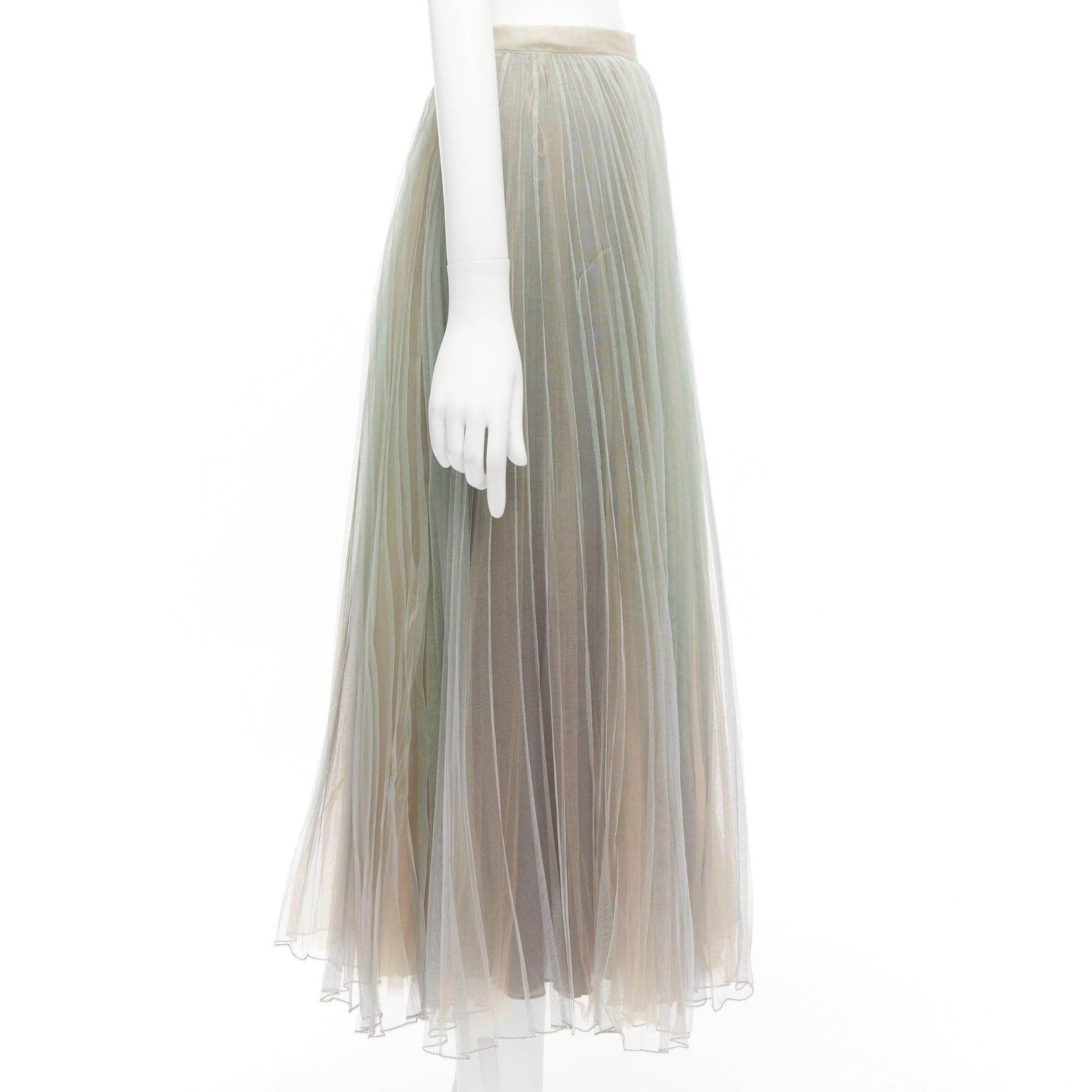 Women's CHRISTIAN DIOR green nude pleated sheer tulle layered midi skirt FR36 S