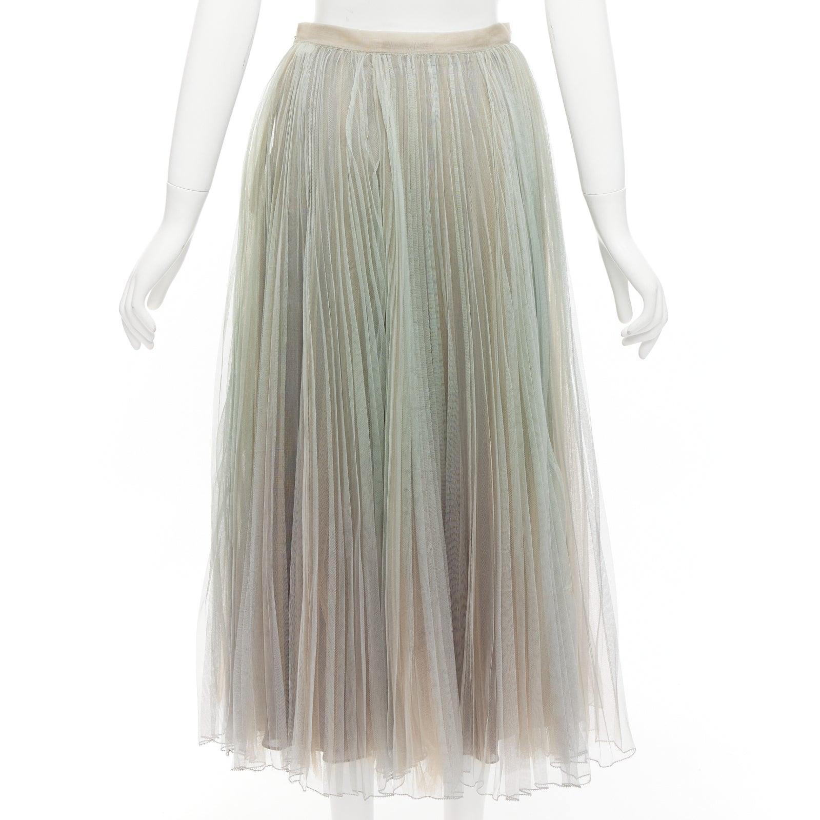 CHRISTIAN DIOR green nude pleated sheer tulle layered midi skirt FR36 S 1