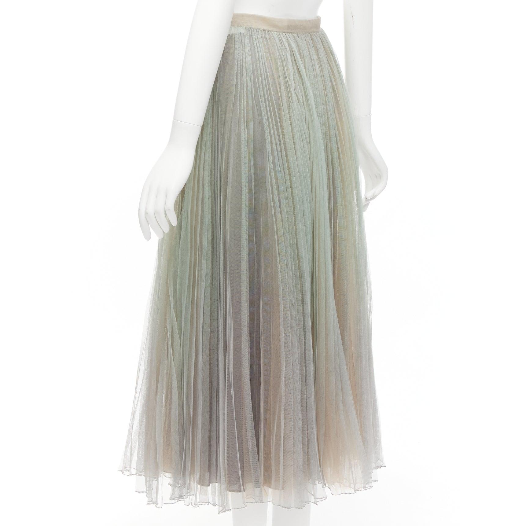 CHRISTIAN DIOR green nude pleated sheer tulle layered midi skirt FR36 S 2