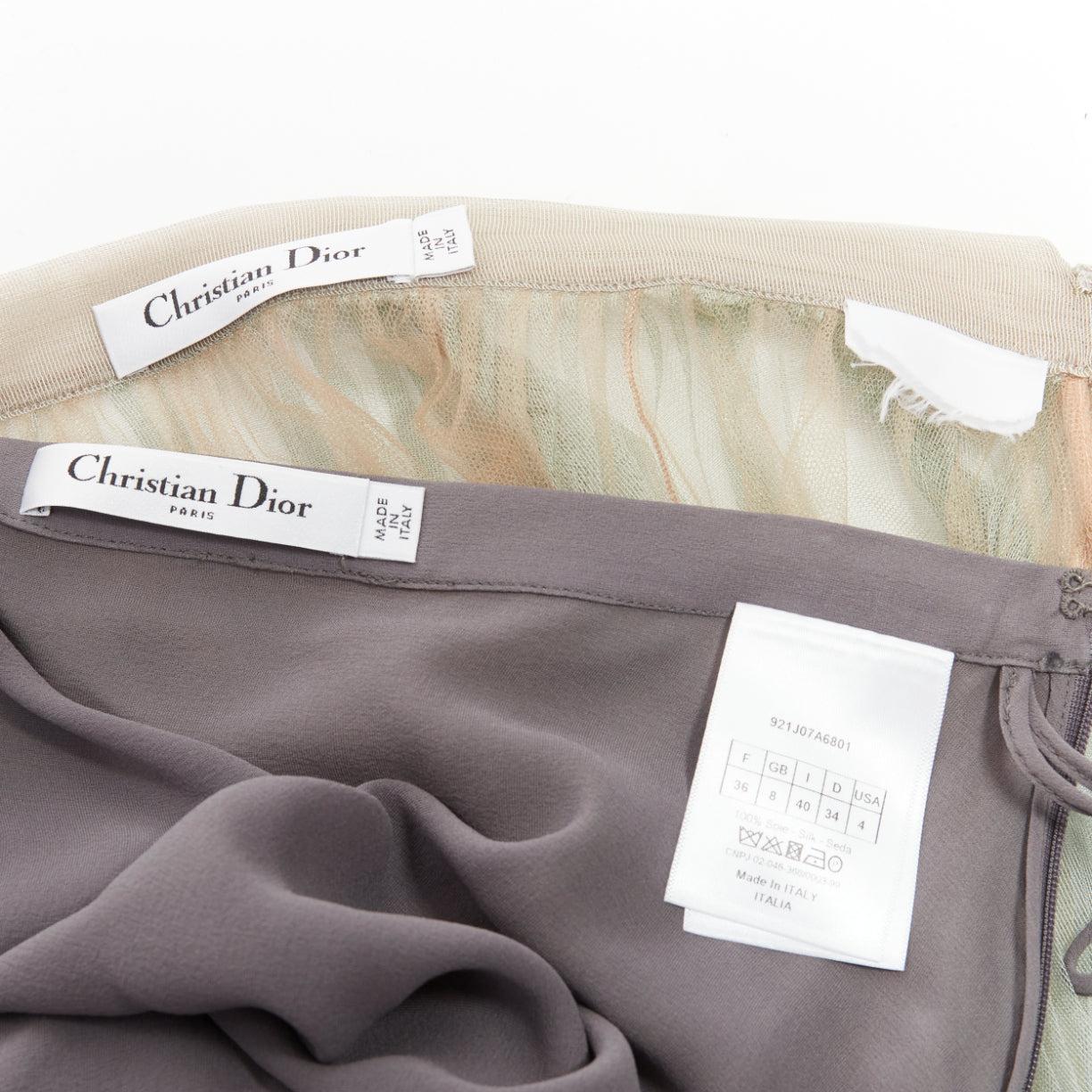 CHRISTIAN DIOR green nude pleated sheer tulle layered midi skirt FR36 S 4