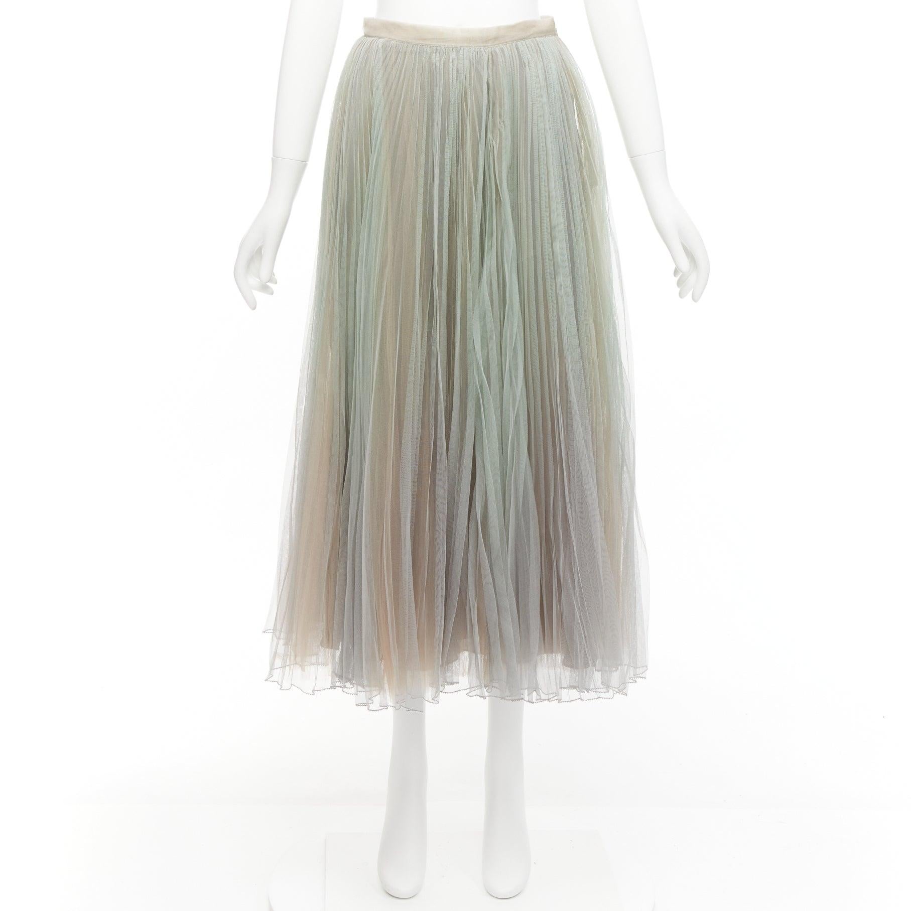 CHRISTIAN DIOR green nude pleated sheer tulle layered midi skirt FR36 S 5