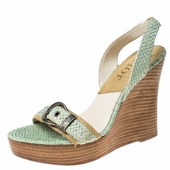Christian Dior Green Python Slingback Wedge Platform Sandals Size 38