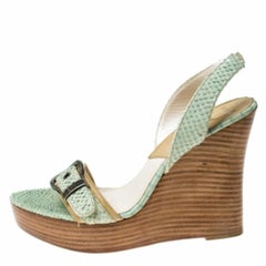 Christian Dior Green Python Slingback Wedge Platform Sandals Size 38