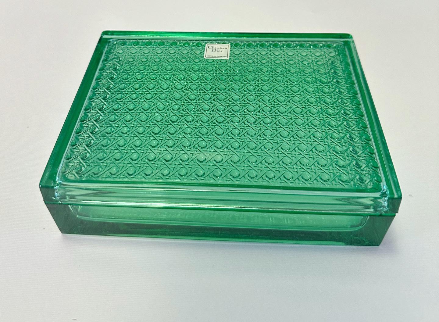 Christian Dior green rectangular lead glass crystal box with etched texture inside the lid / made in France
Original label on the glass / comes in original box
Length: 6.5 inches / Width: 5 inches / Height: 1.5 inches
1 available in stock in