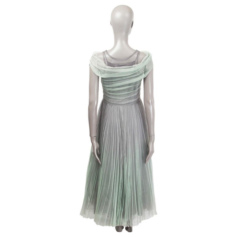 Gray CHRISTIAN DIOR green silk 2019 OMBRE PLEATED MIDI EVENING Dress 38 S For Sale