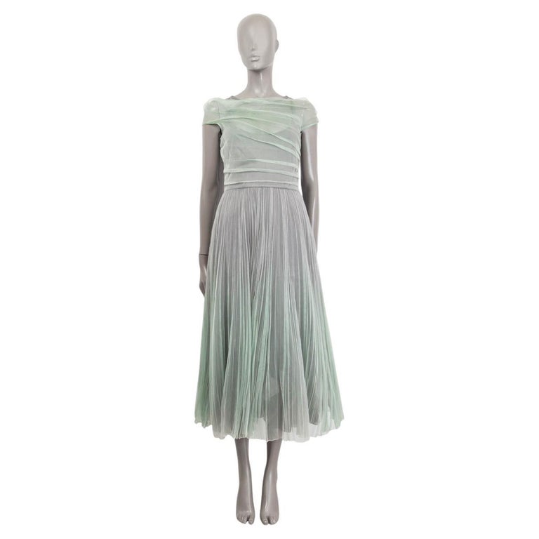 CHRISTIAN DIOR green silk 2019 OMBRE PLEATED MIDI EVENING Dress 38 S For Sale