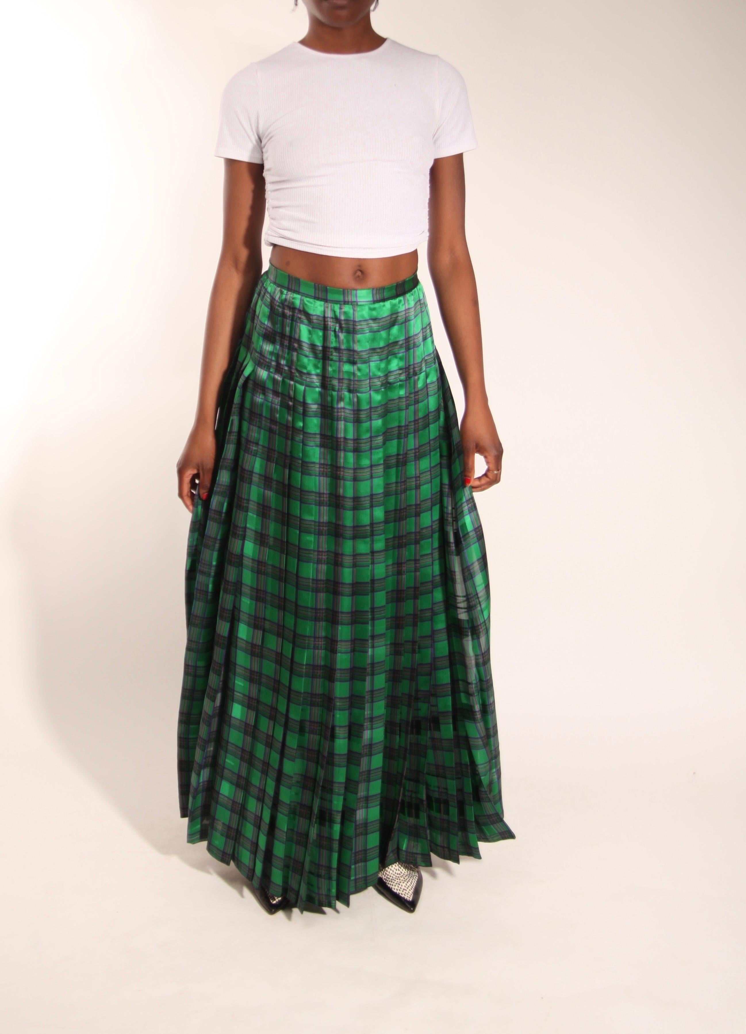 Christian Dior green tartan silk chiffon pleated maxi evening skirt For Sale 6