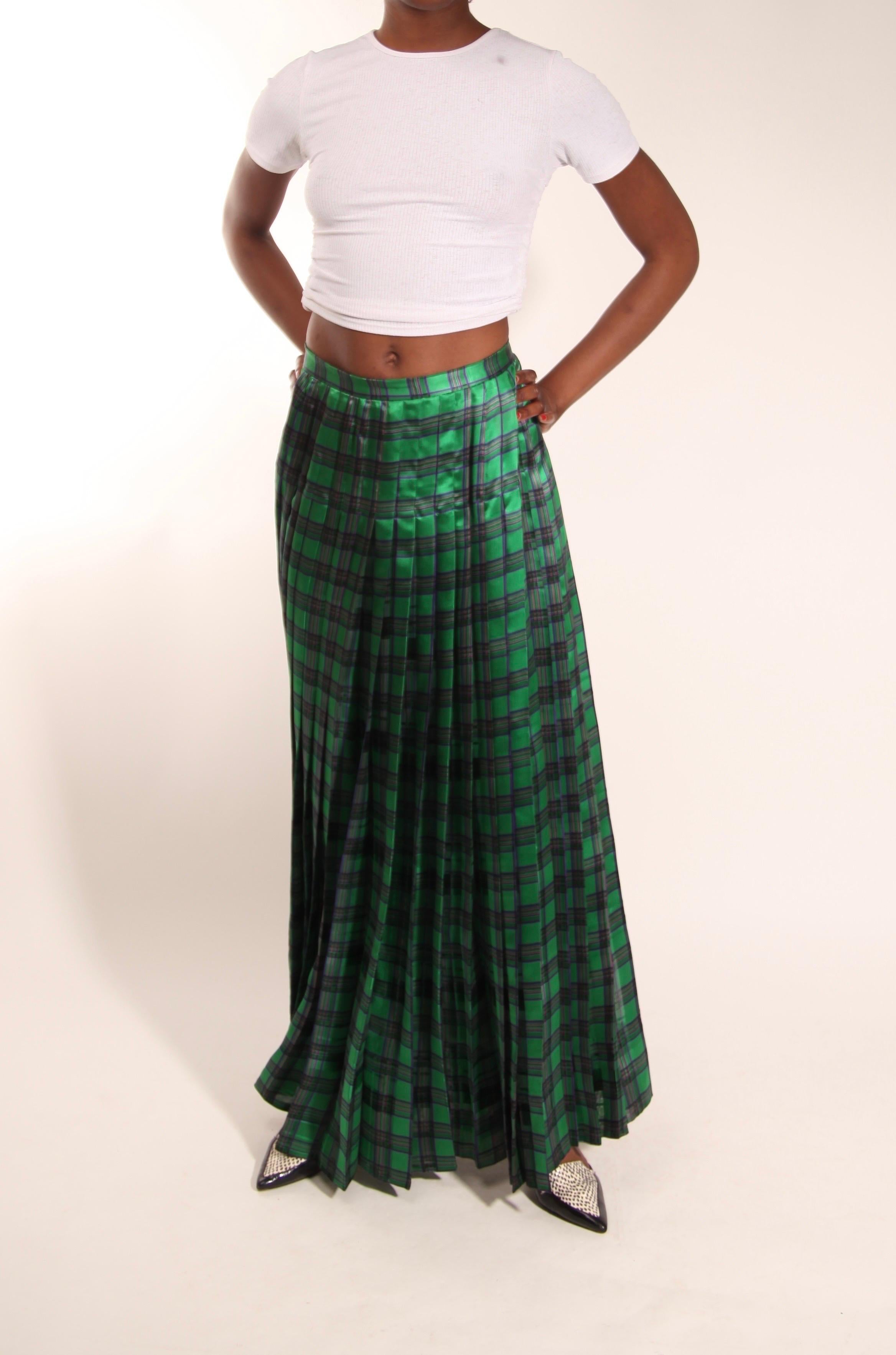 Christian Dior green tartan silk chiffon pleated maxi evening skirt For Sale 8