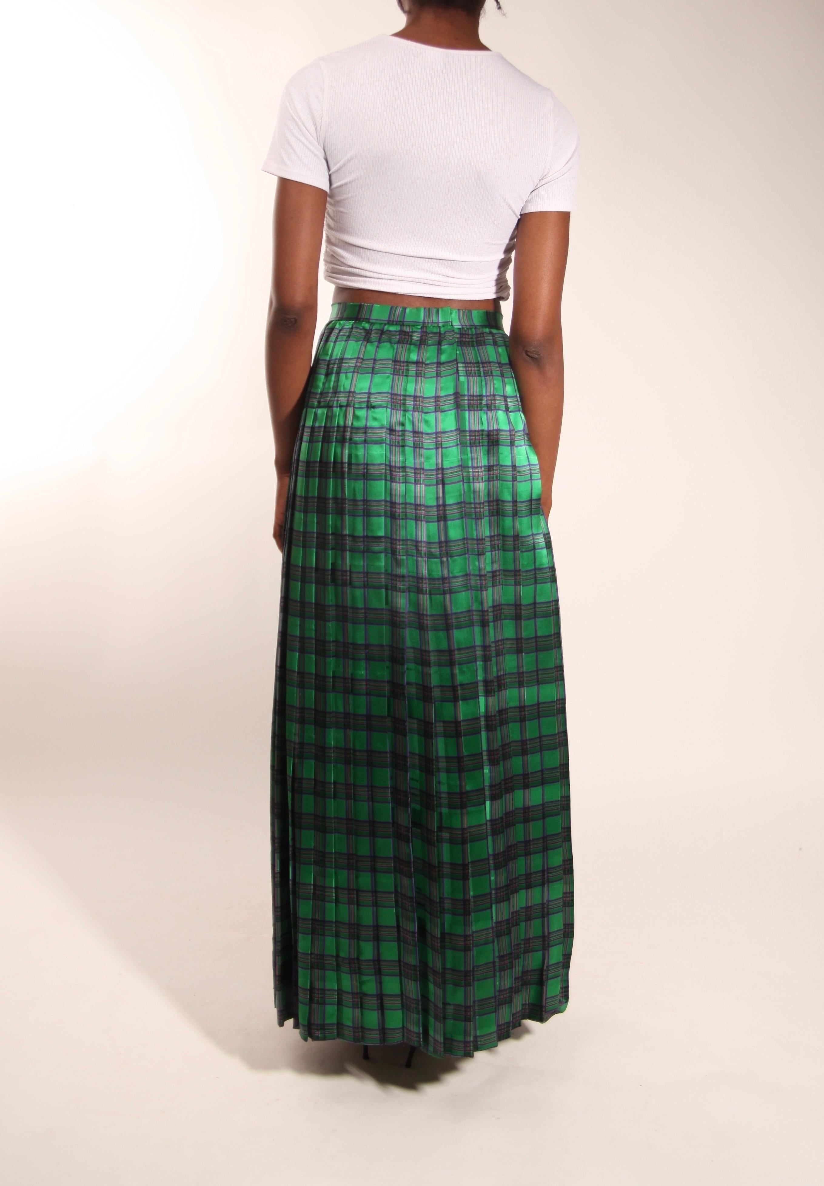 Christian Dior green tartan silk chiffon pleated maxi evening skirt In Excellent Condition For Sale In London, GB