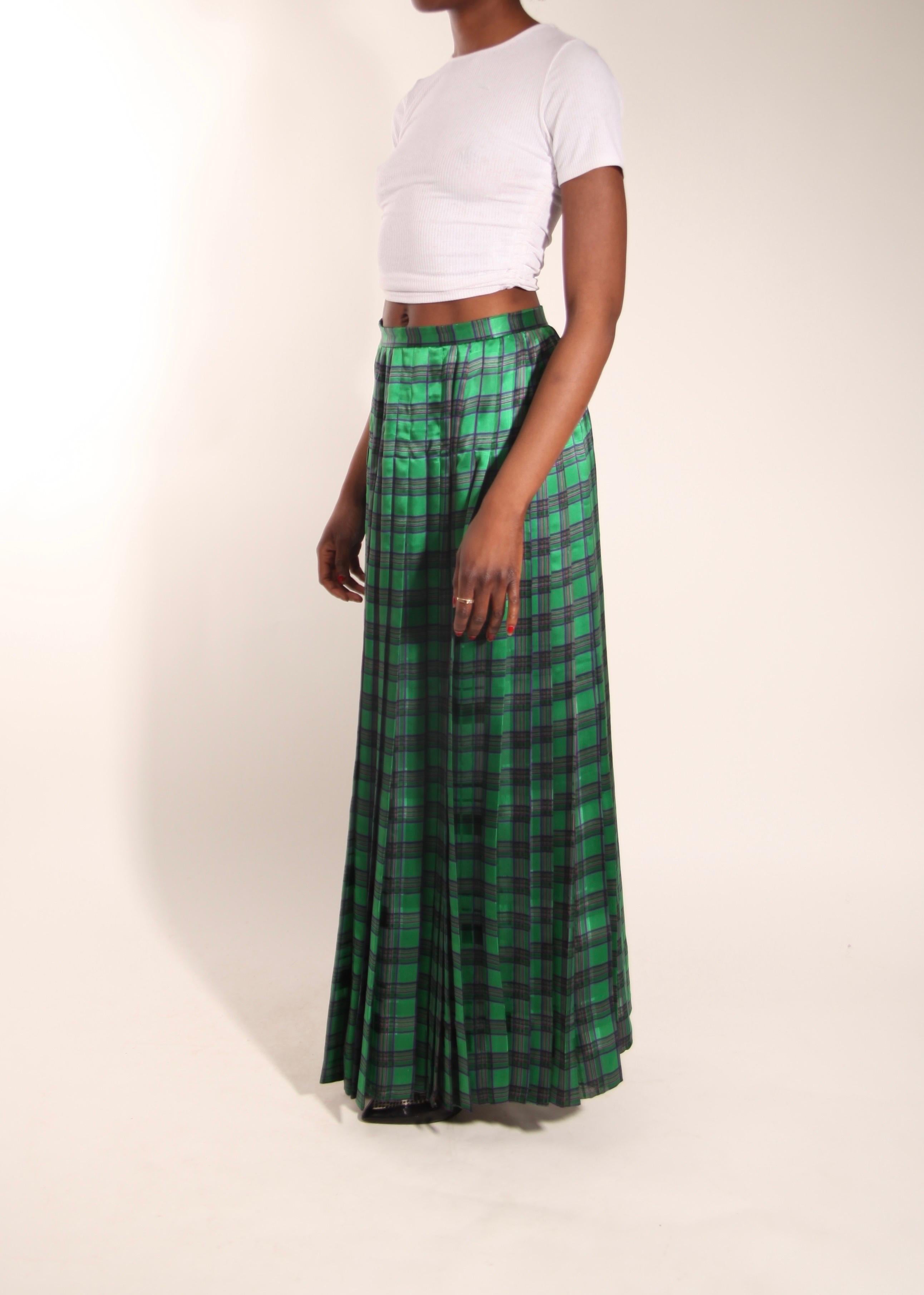 Christian Dior green tartan silk chiffon pleated maxi evening skirt For Sale 1