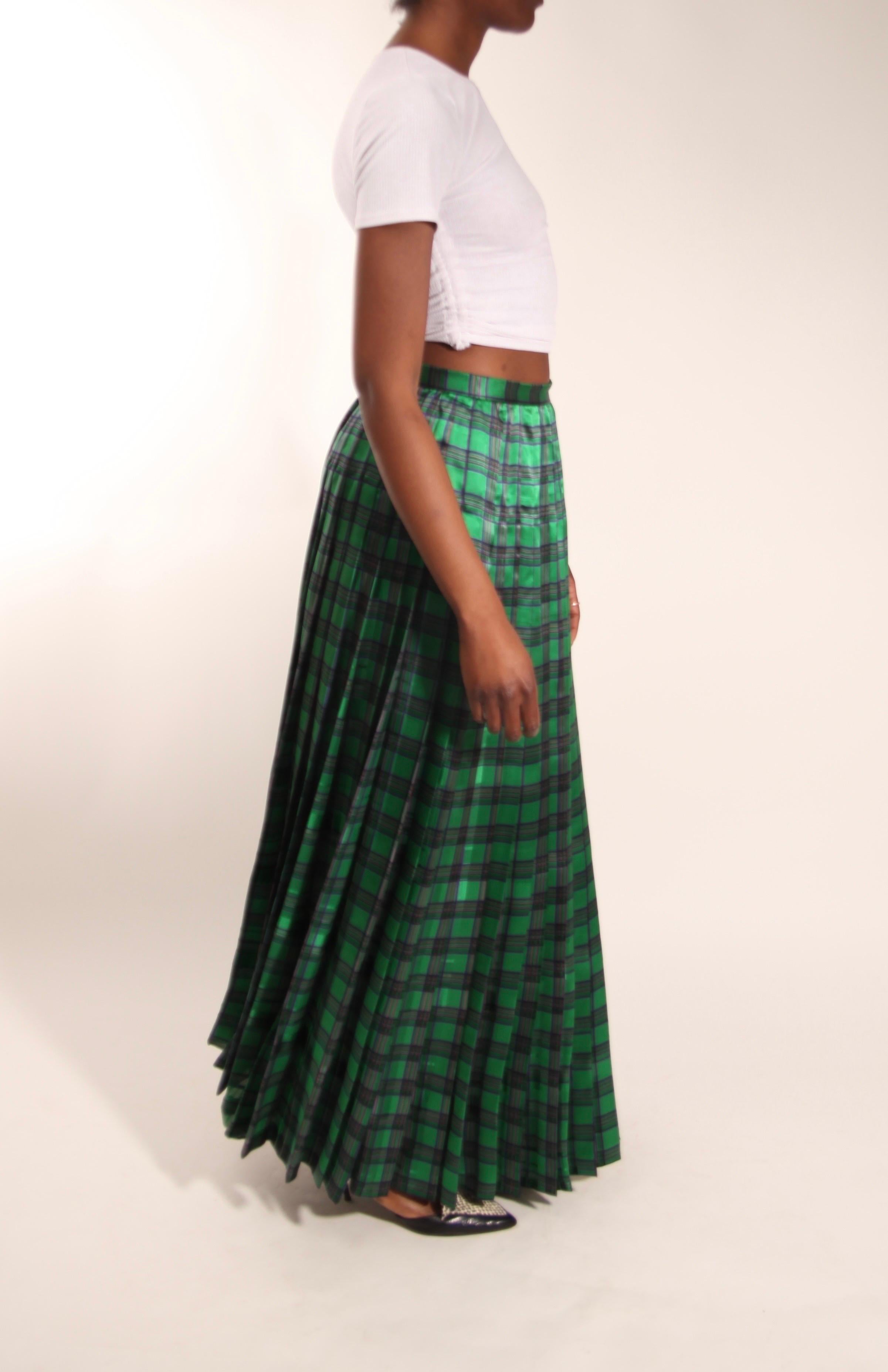 Christian Dior green tartan silk chiffon pleated maxi evening skirt For Sale 2