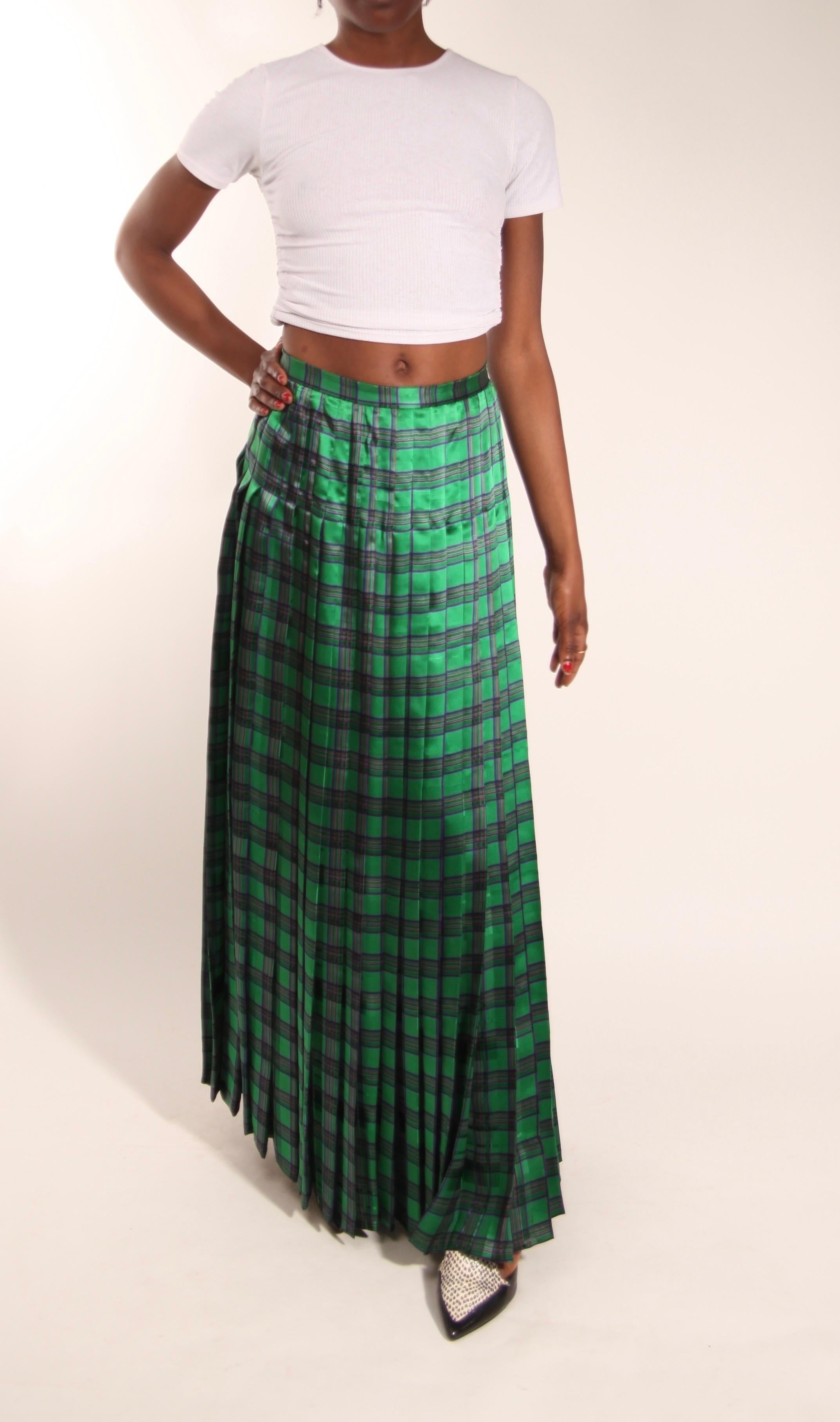 Christian Dior green tartan silk chiffon pleated maxi evening skirt For Sale 3