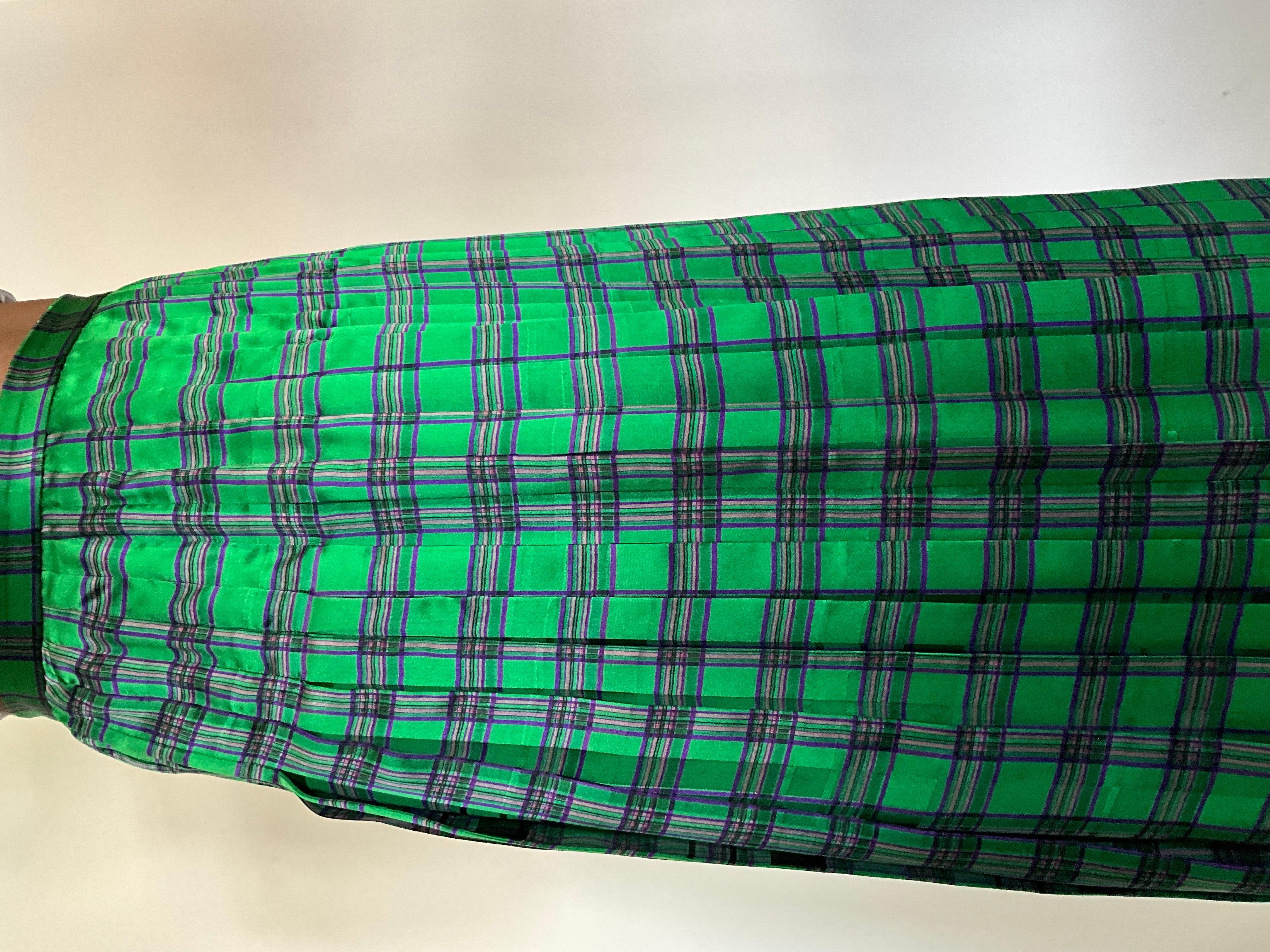 Christian Dior green tartan silk chiffon pleated maxi evening skirt For Sale 4