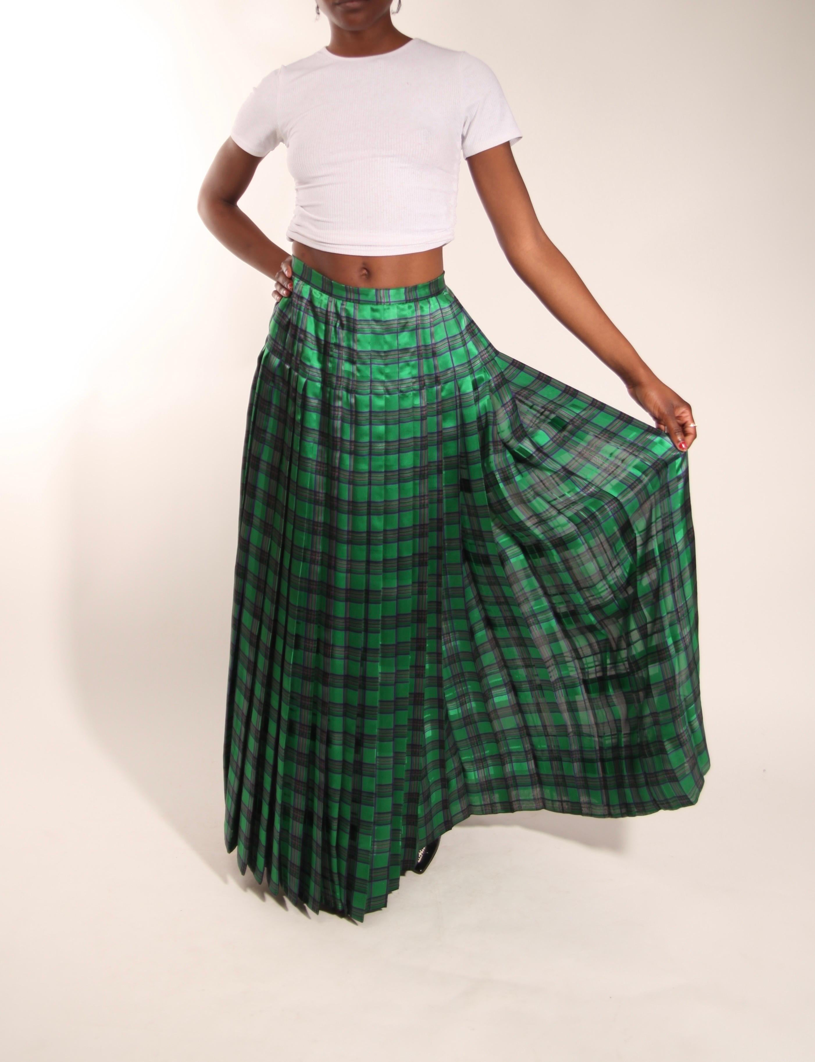 Christian Dior green tartan silk chiffon pleated maxi evening skirt For Sale 5