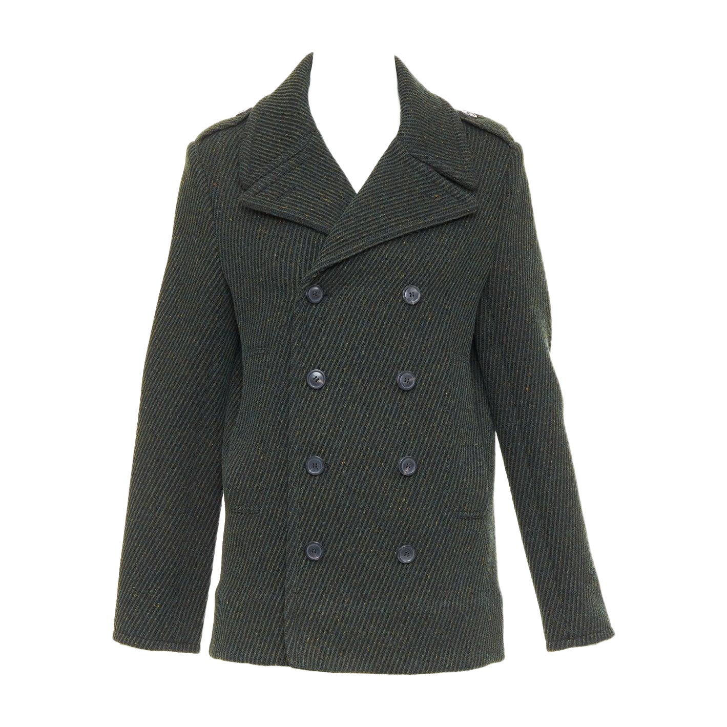 CHRISTIAN DIOR green virgin wool ribbed knit double breasted pea coat FR36 S