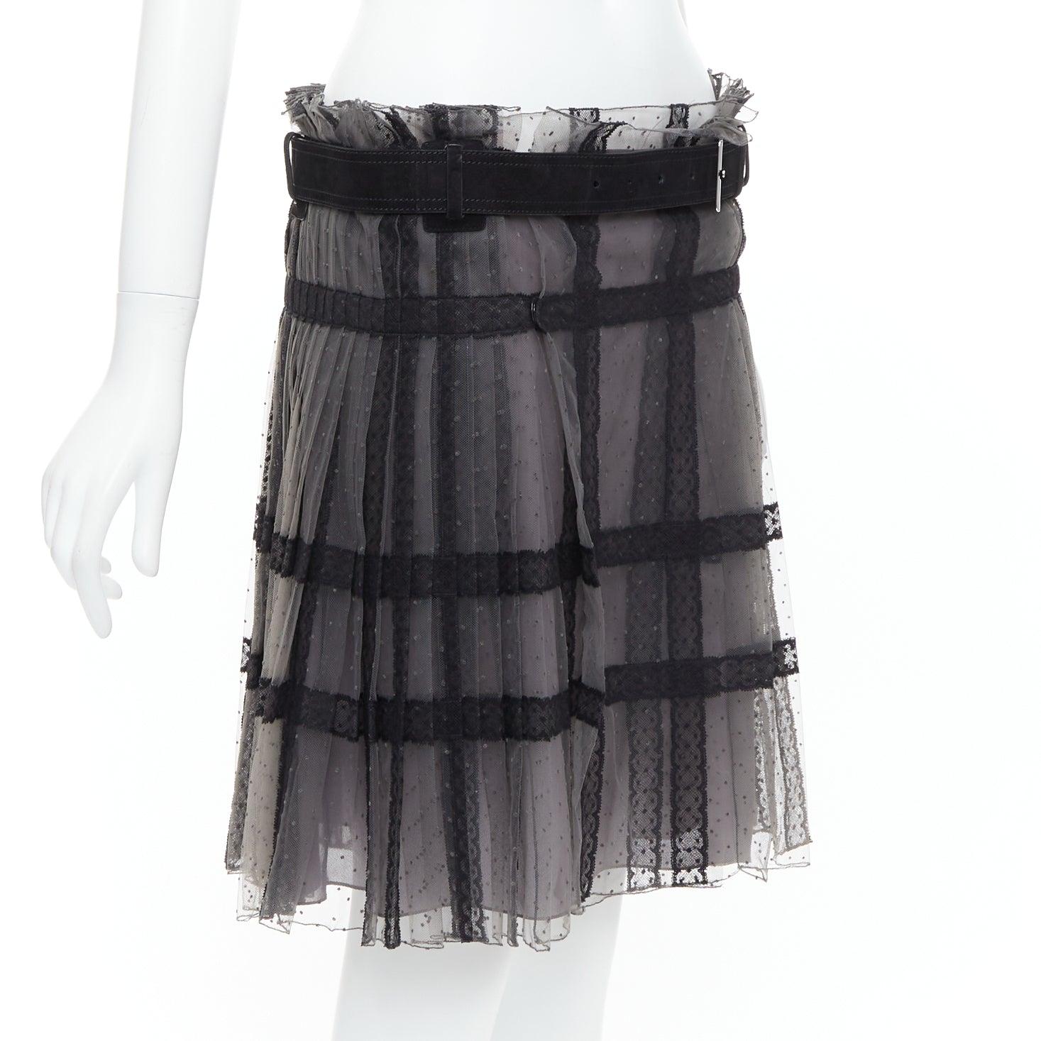 Black CHRISTIAN DIOR grey black lace Plumetis tulle suede belt wrap skirt For Sale
