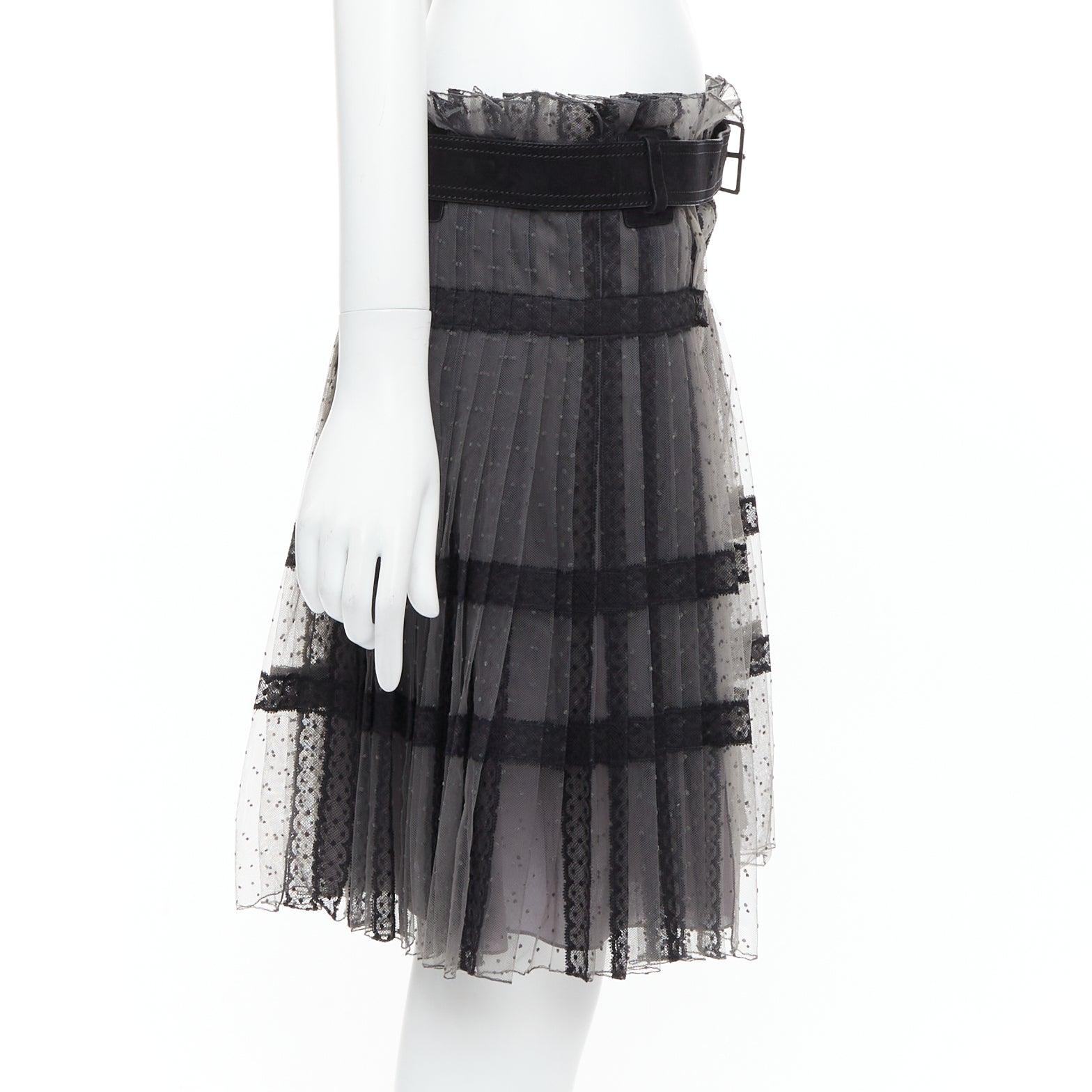 CHRISTIAN DIOR grey black lace Plumetis tulle suede belt wrap skirt In Good Condition For Sale In Hong Kong, NT
