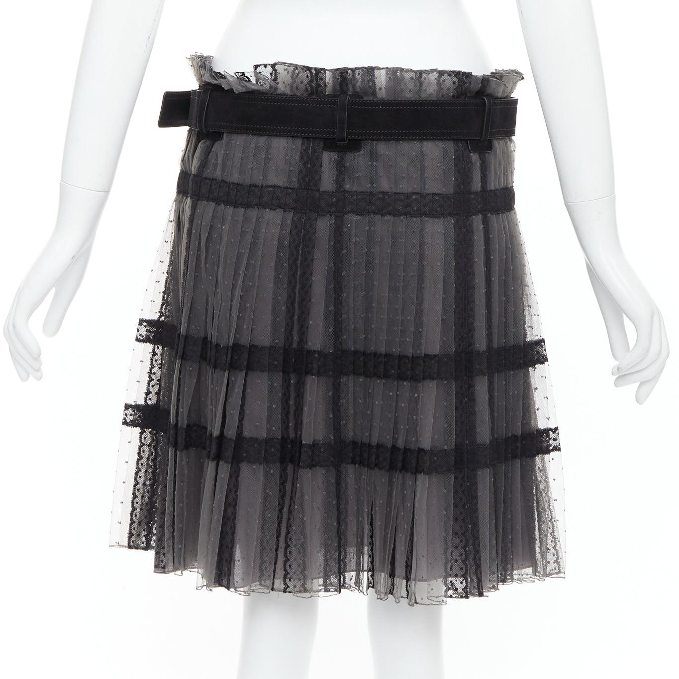 Women's CHRISTIAN DIOR grey black lace Plumetis tulle suede belt wrap skirt For Sale