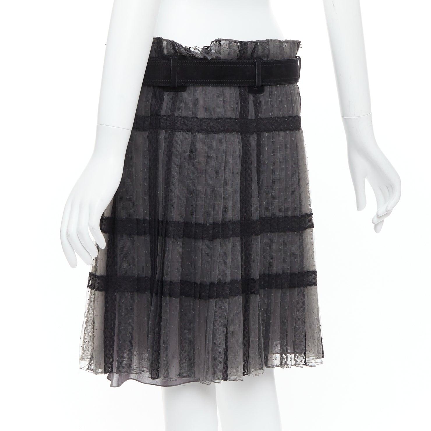CHRISTIAN DIOR grey black lace Plumetis tulle suede belt wrap skirt For Sale 1