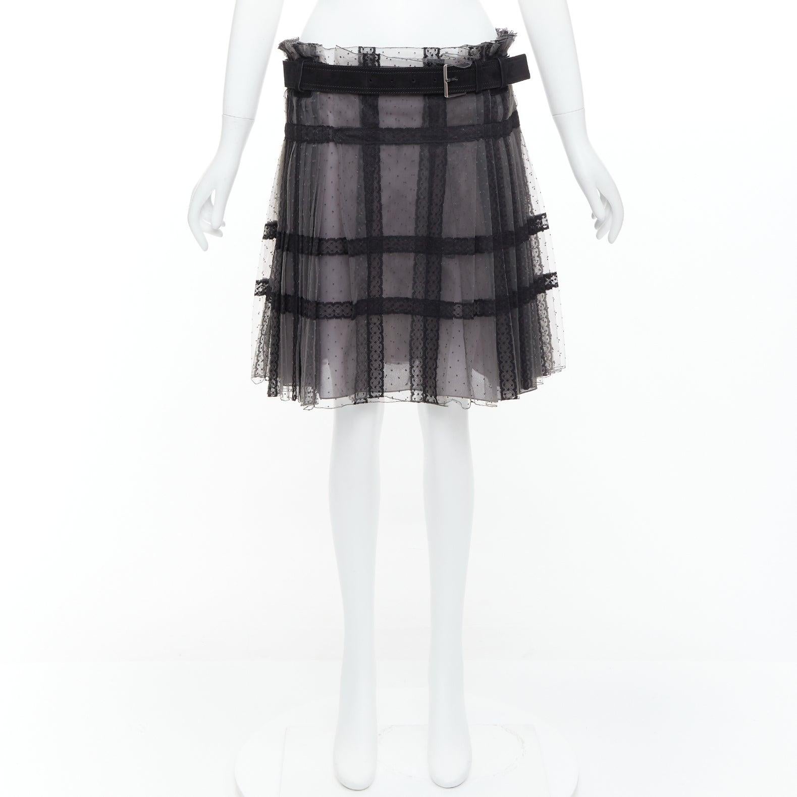 CHRISTIAN DIOR grey black lace Plumetis tulle suede belt wrap skirt For Sale 2