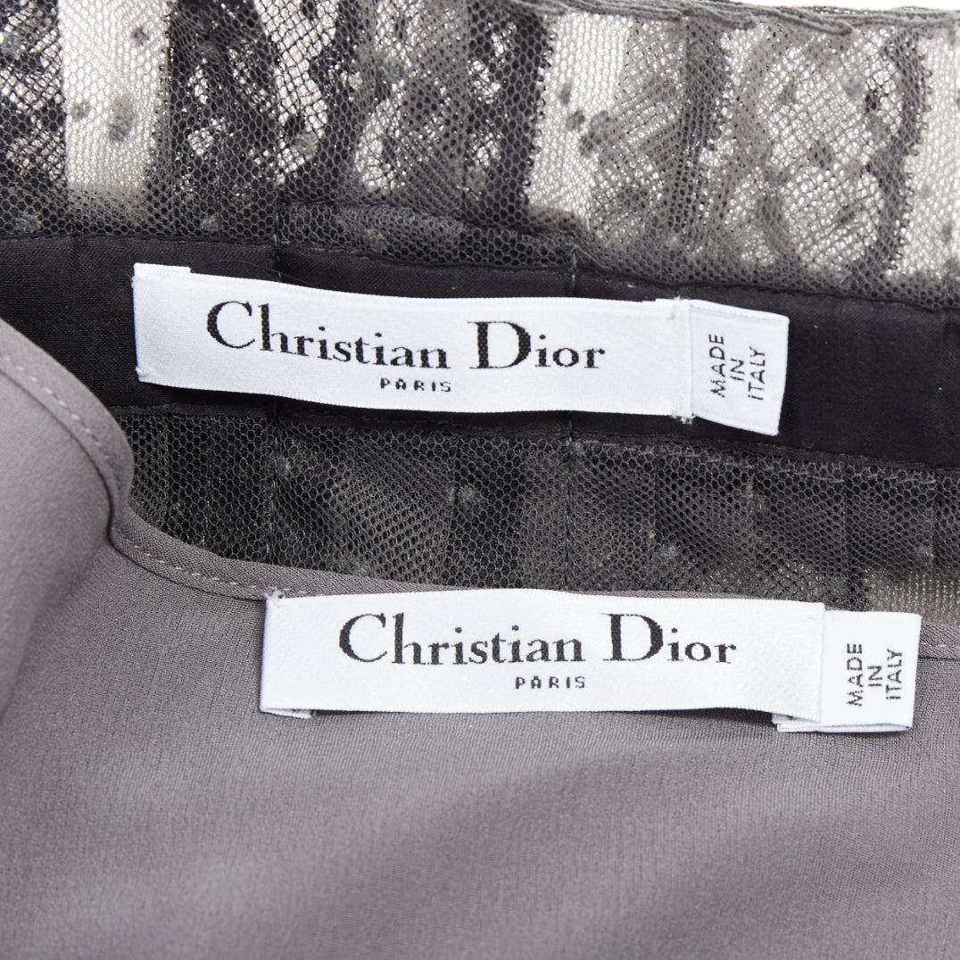 CHRISTIAN DIOR grey black lace Plumetis tulle suede belt wrap skirt 3
