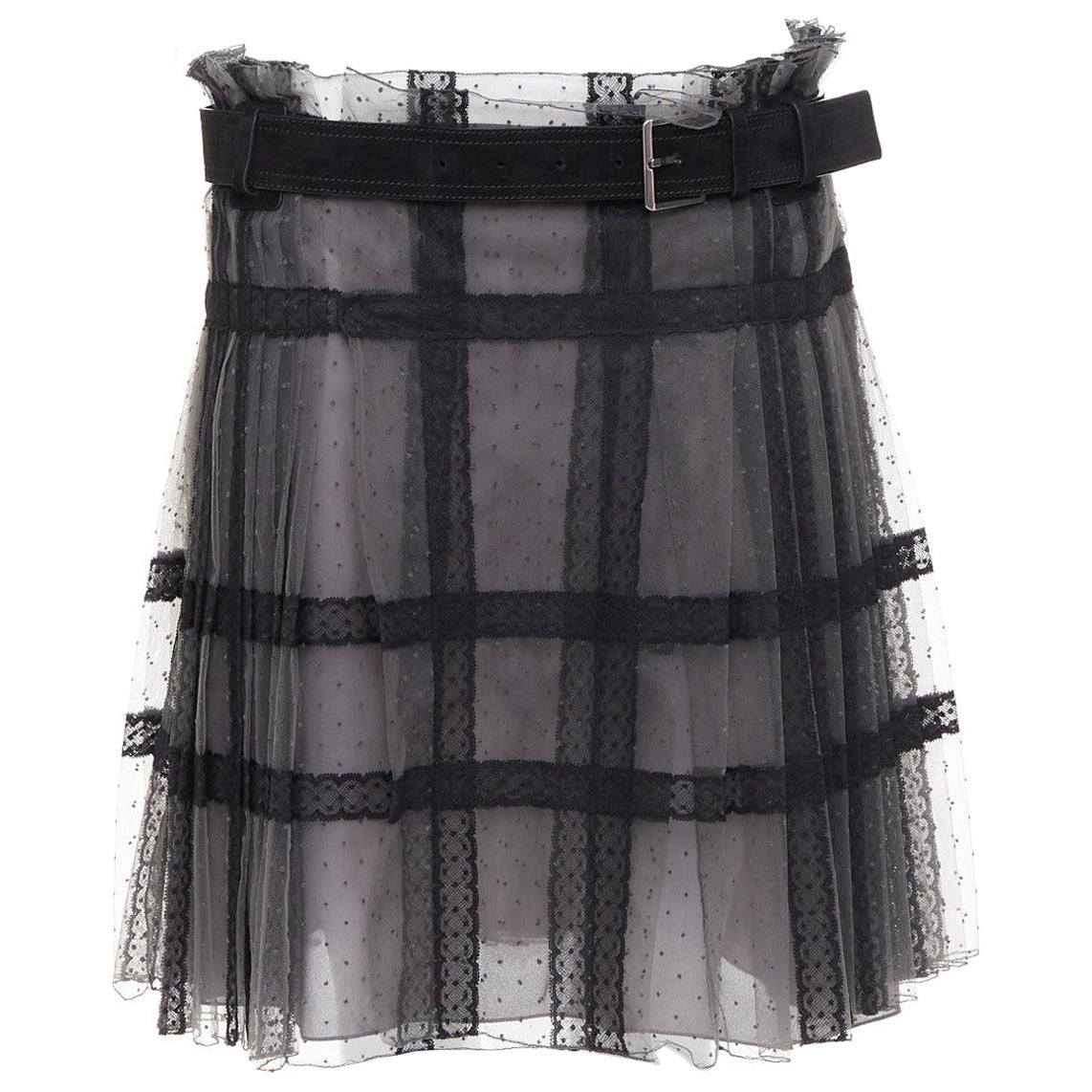 CHRISTIAN DIOR grey black lace Plumetis tulle suede belt wrap skirt