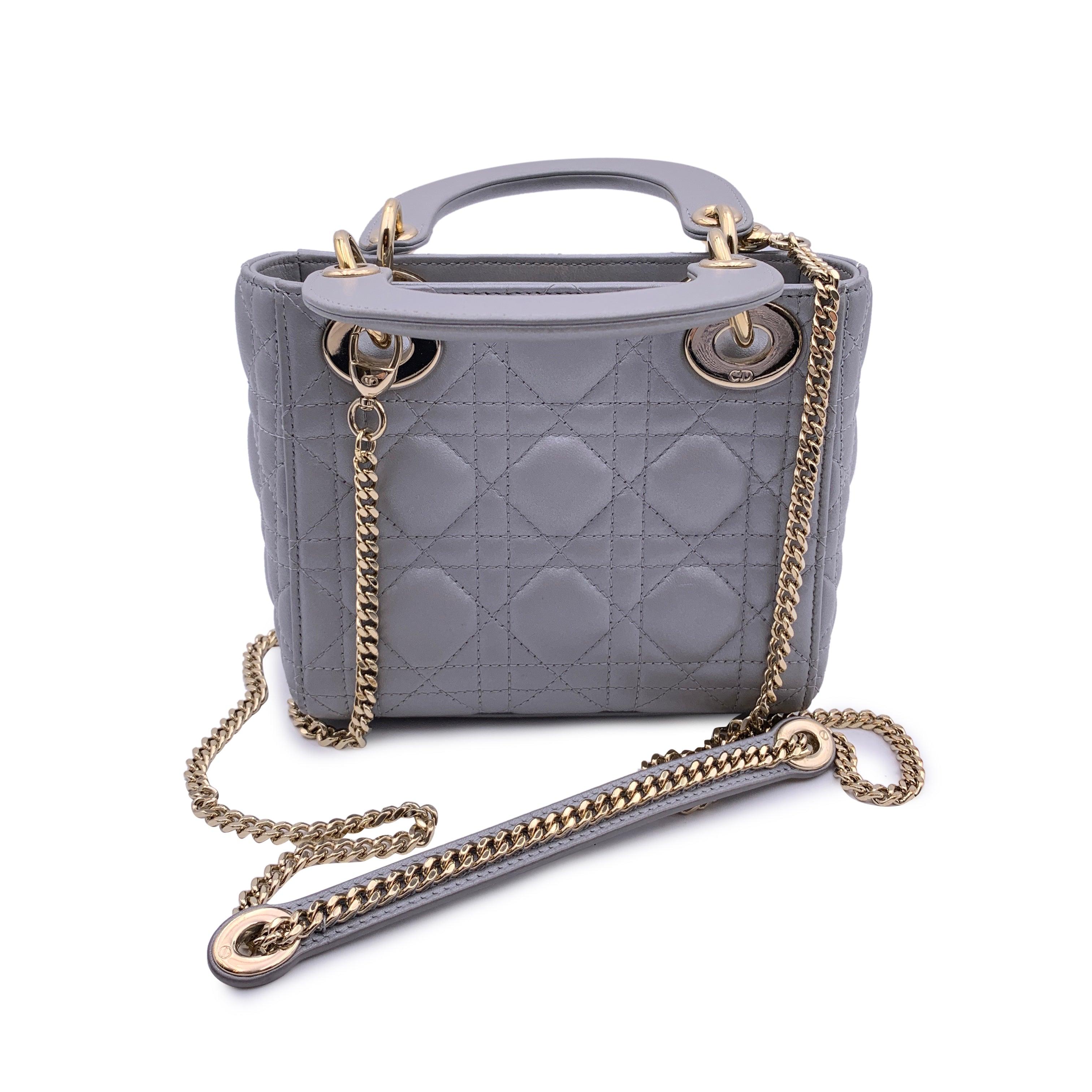 Christian Dior Grey Cannage Leather Quilted Mini Lady Dior Bag In Excellent Condition In Rome, Rome