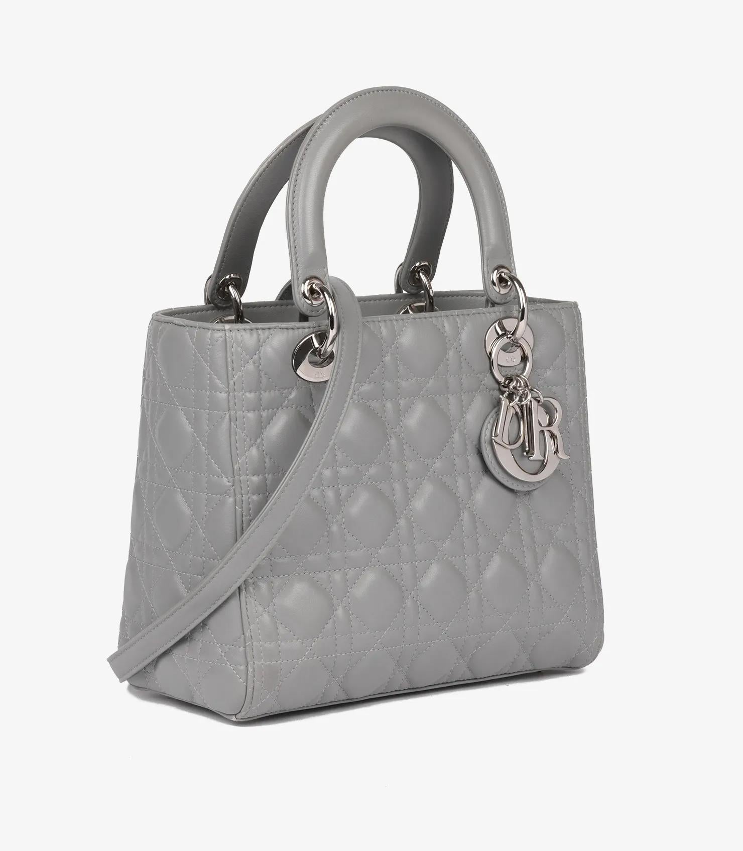 Gris Christian Dior Grey Cannage Quilted Lambskin Medium Lady Dior en vente