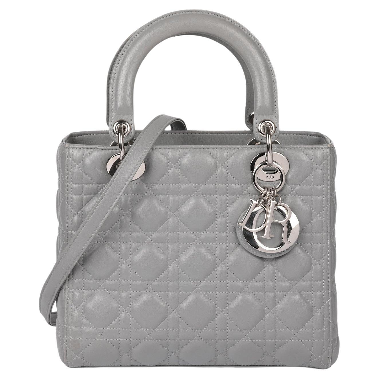 Christian Dior Grey Cannage Quilted Lambskin Medium Lady Dior  For Sale