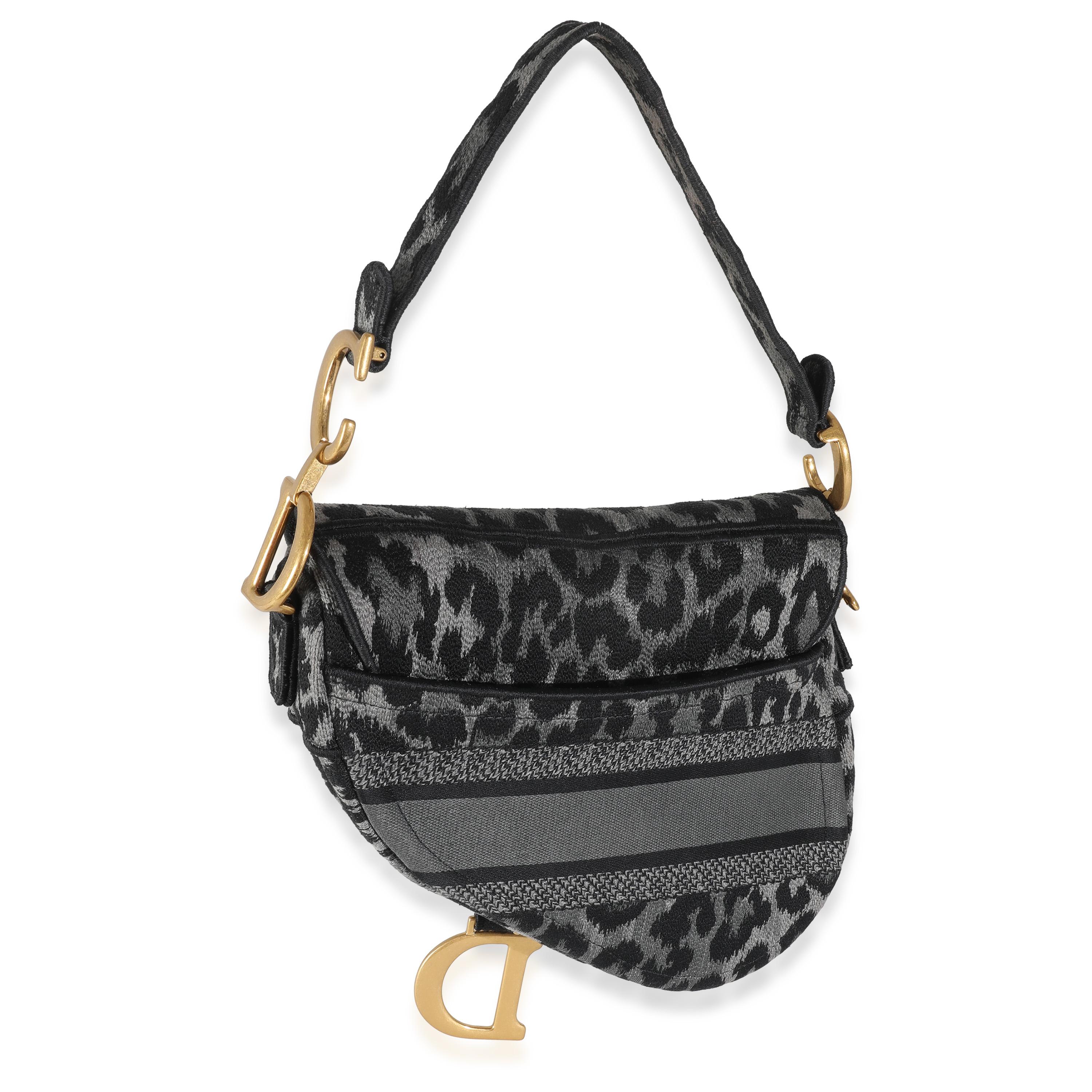 Black Christian Dior Grey Cheetah Mizza Embroidered Canvas Saddle For Sale