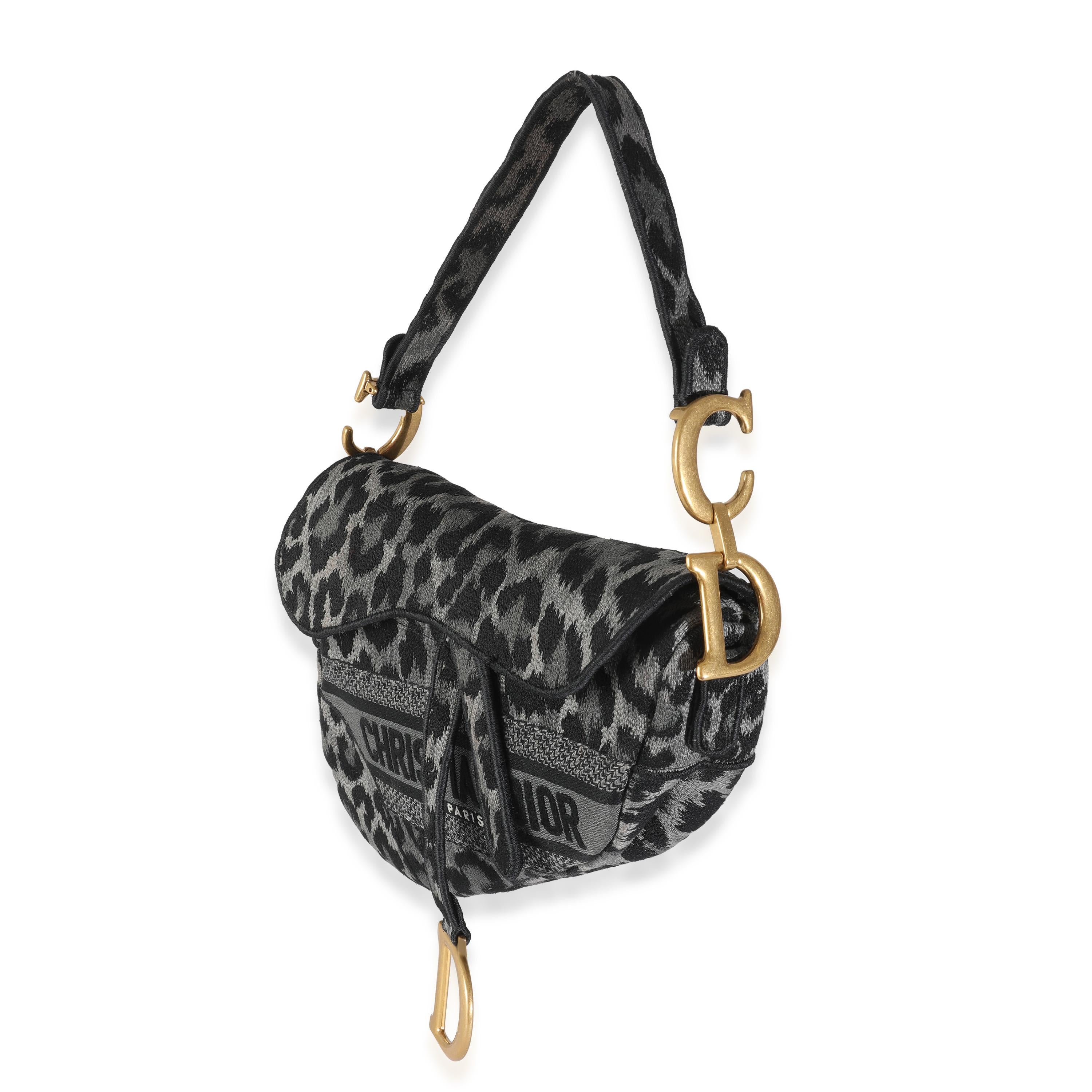 Christian Dior Grey Cheetah Mizza Embroidered Canvas Saddle In Excellent Condition For Sale In New York, NY