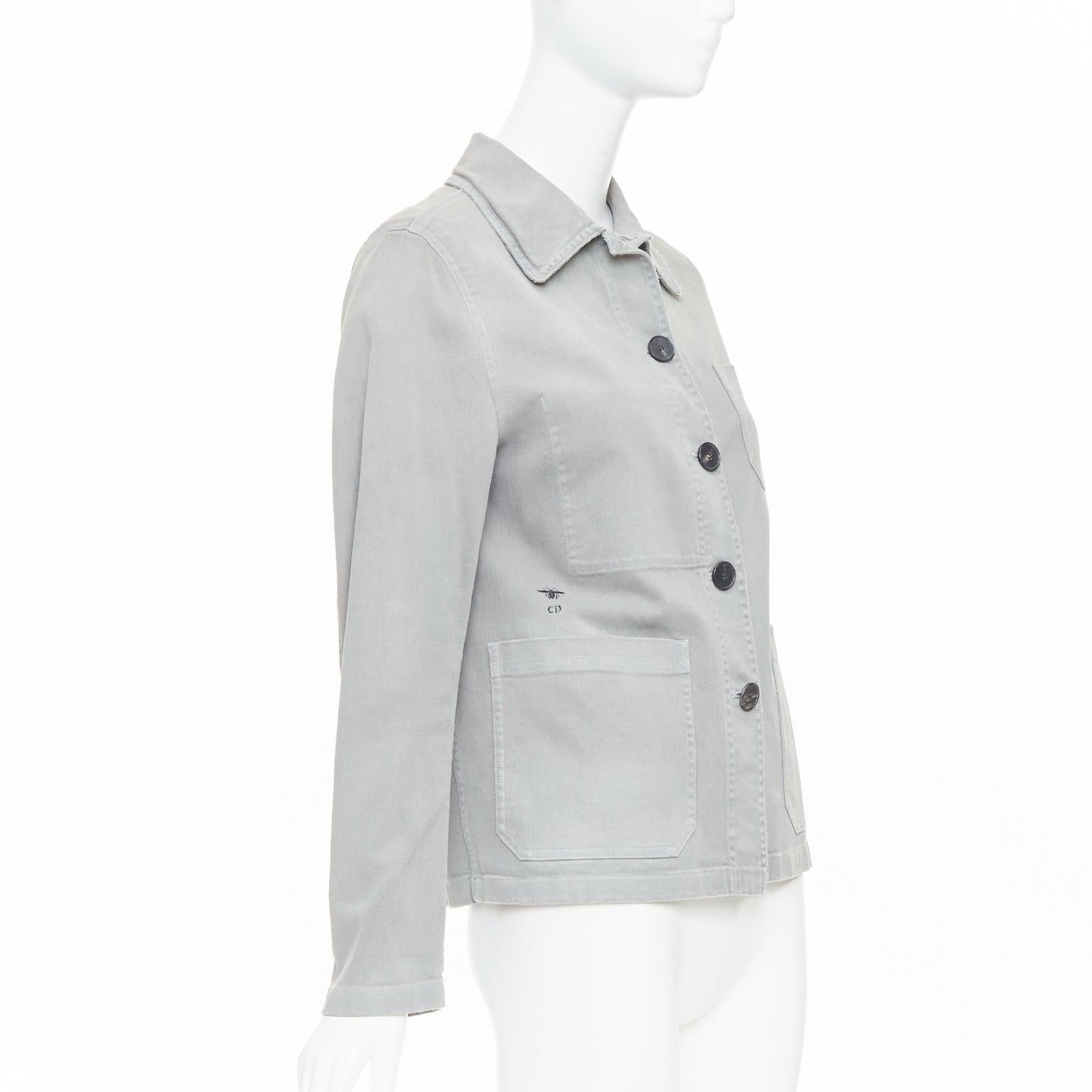 CHRISTIAN DIOR grey cotton denim CD bee logo chore jacket FR36 S In Excellent Condition For Sale In Hong Kong, NT