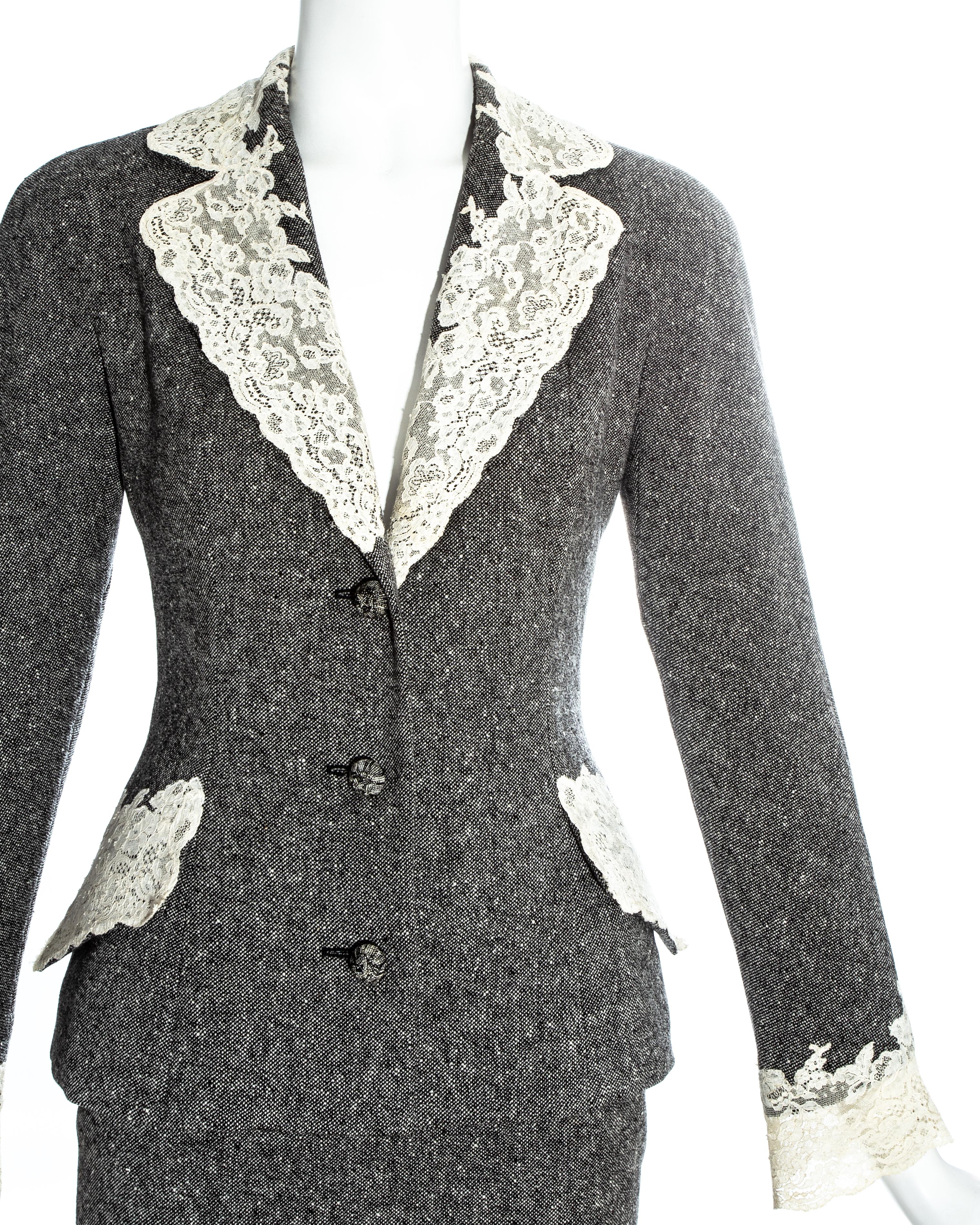 Christian Dior grey Donegal tweed skirt suit edged in white Calais lace, fw  1998 For Sale at 1stDibs