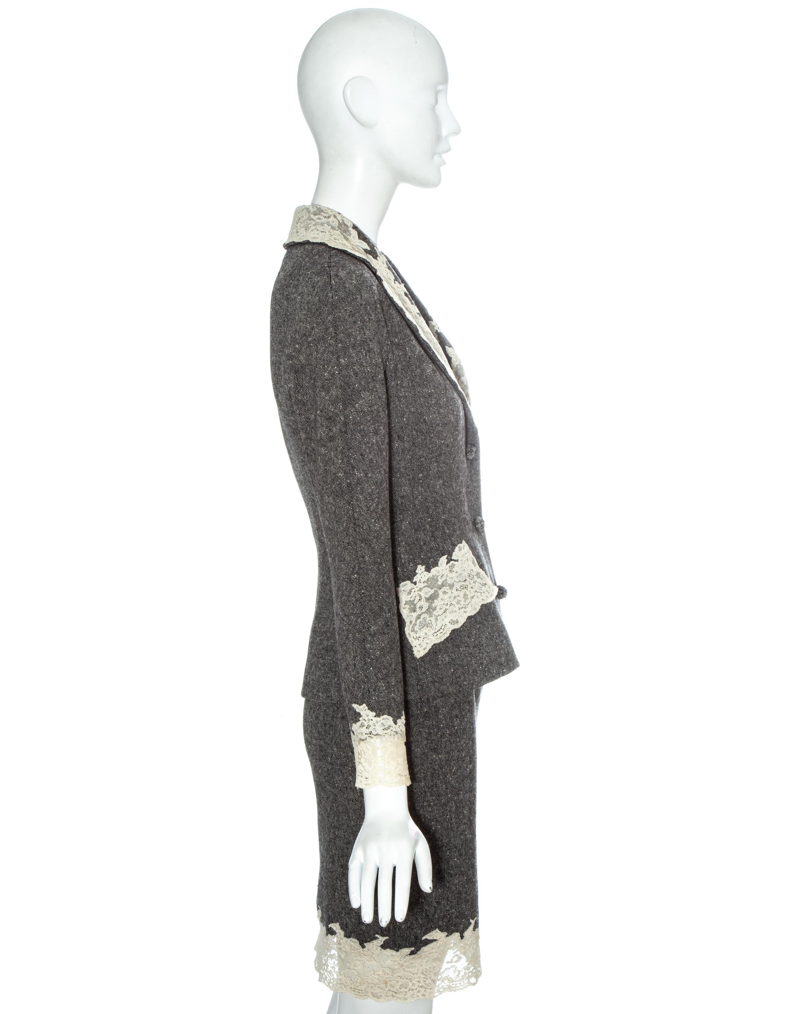 Gray Christian Dior grey Donegal tweed skirt suit edged in white Calais lace, fw 1998