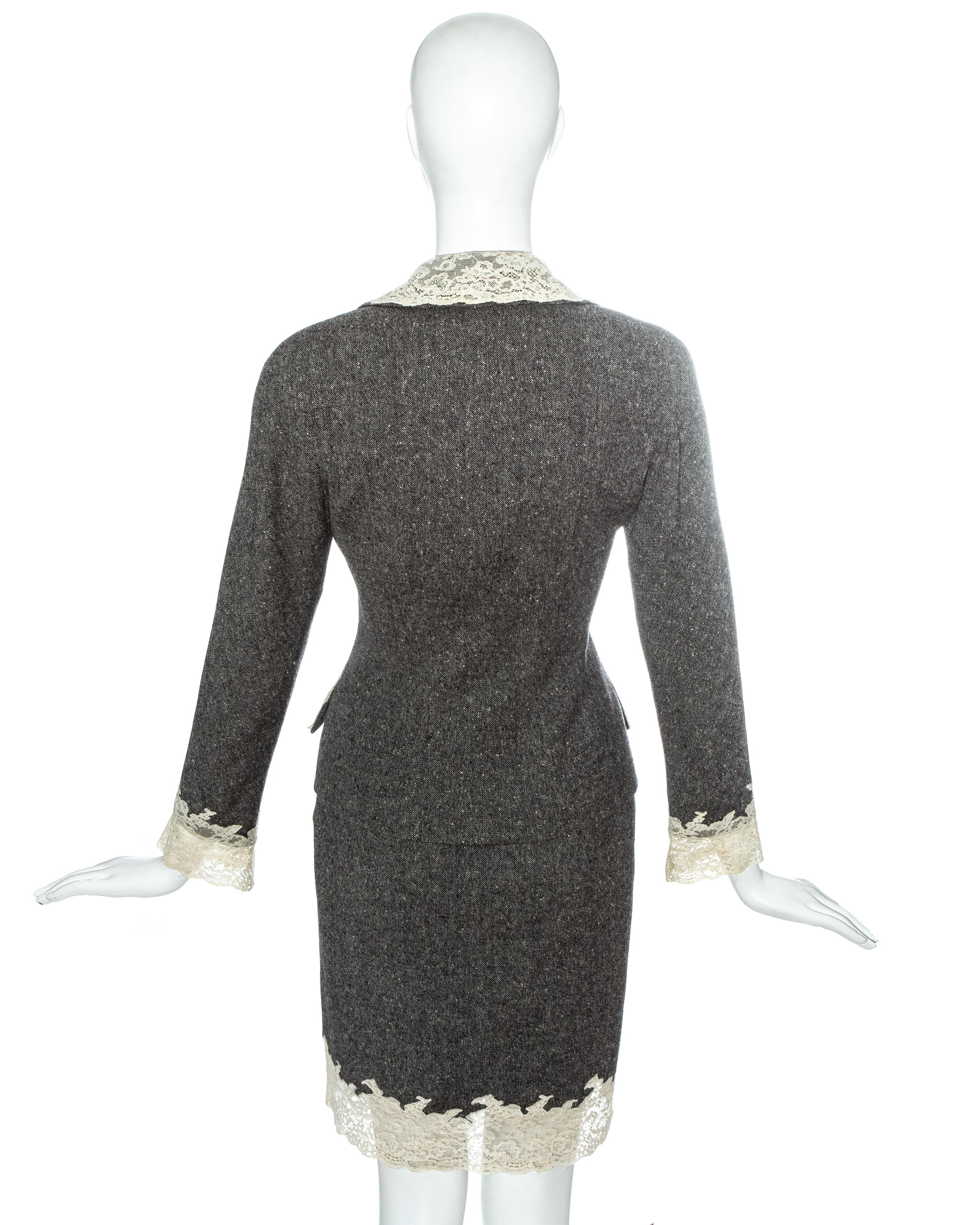 Christian Dior grey Donegal tweed skirt suit edged in white Calais lace, fw 1998 In Excellent Condition In London, GB
