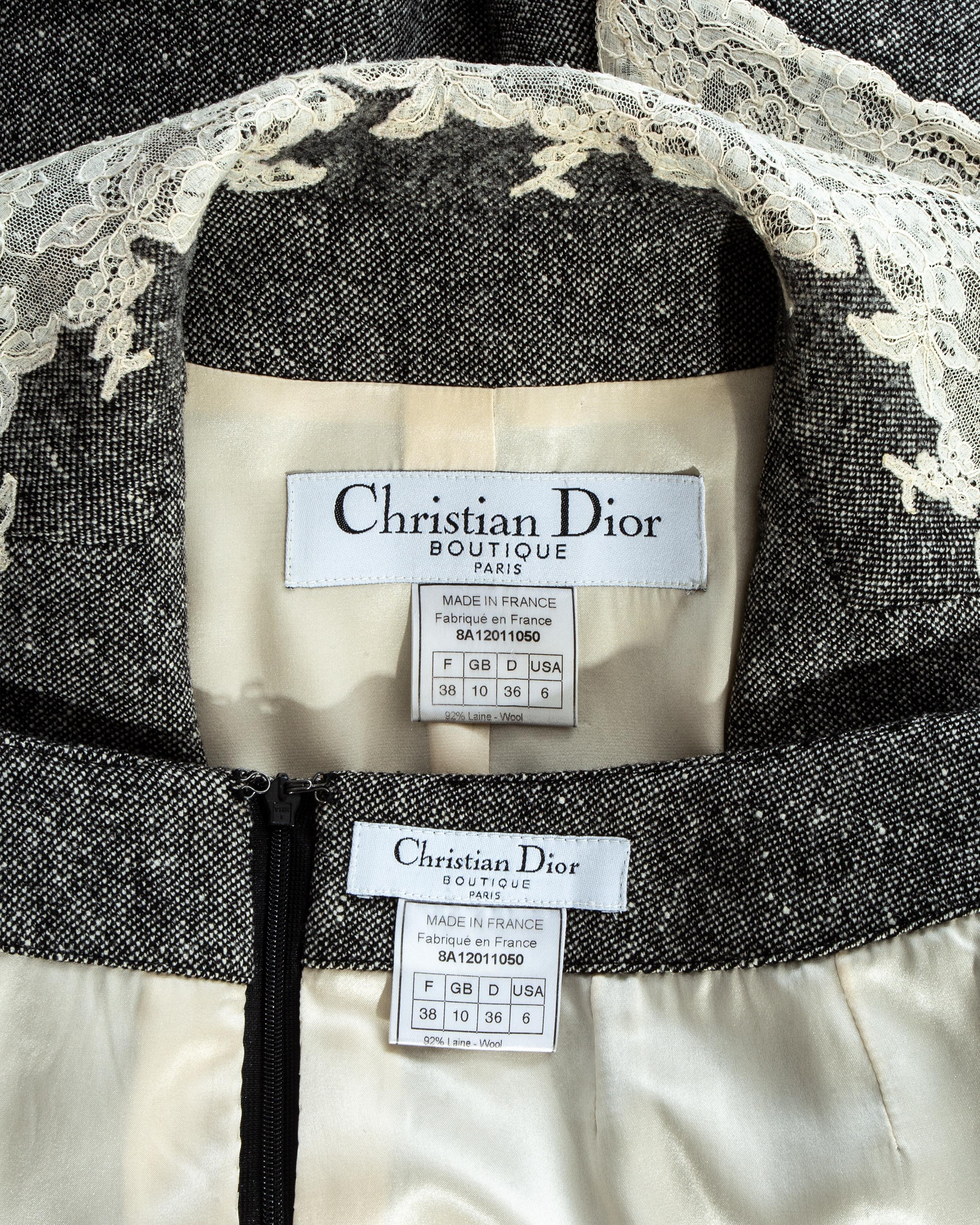 Christian Dior grey Donegal tweed skirt suit edged in white Calais lace, fw 1998 1